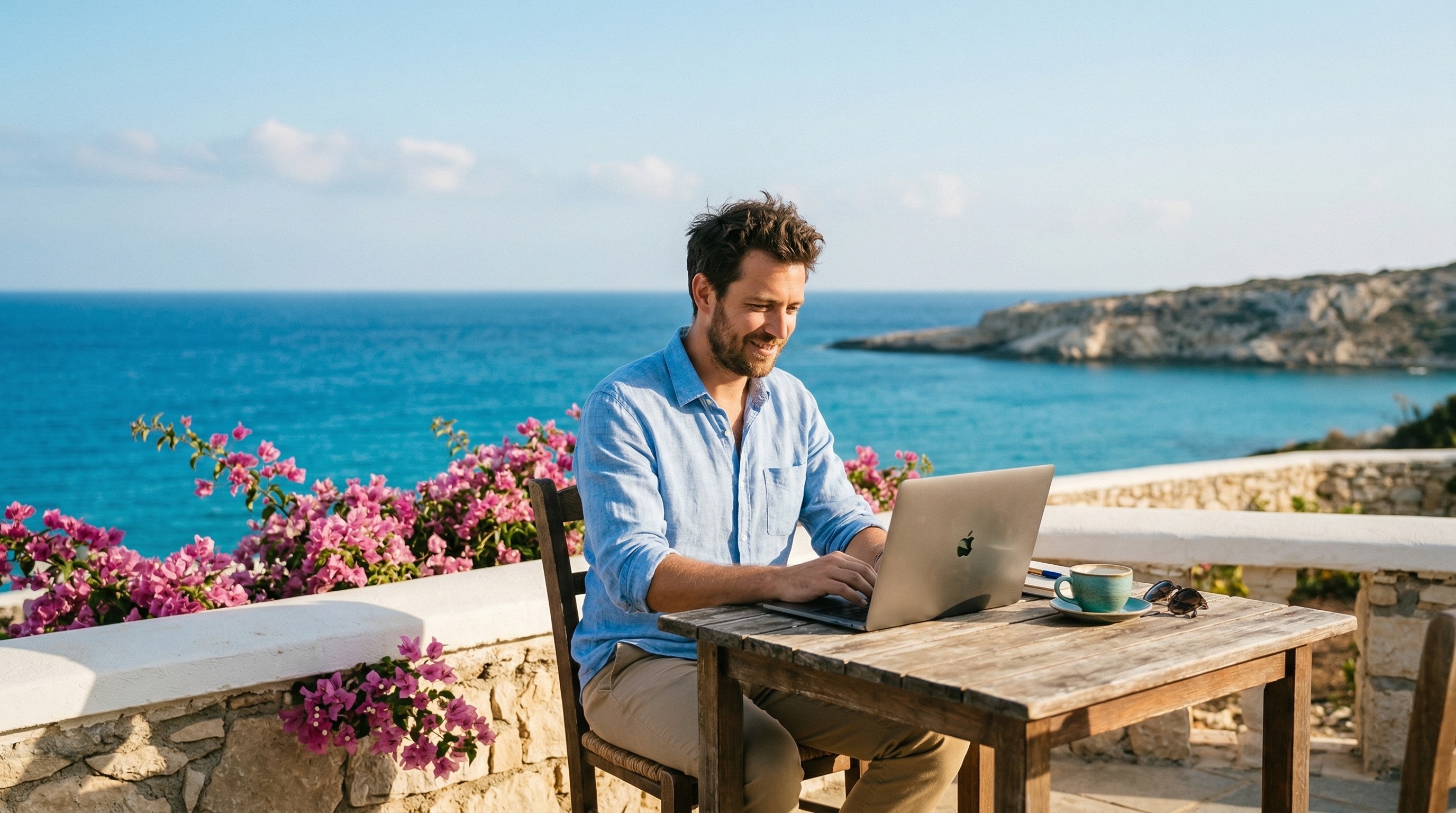 A digital nomad working on a laptop on a sunny Mediterranean terrace in Cyprus, with a turquoise sea view in the background