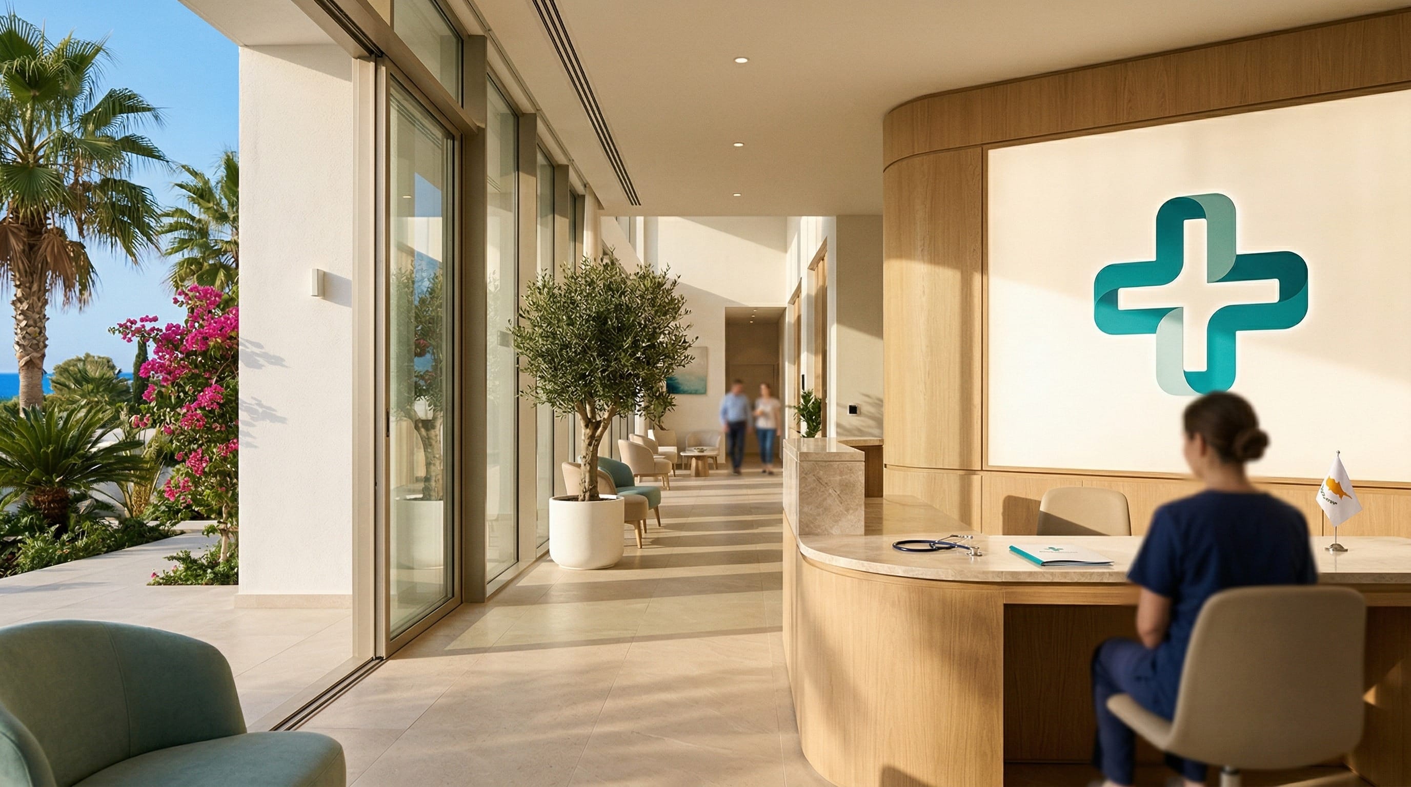 Современная регистратура клиники на Кипре, иллюстрирующая систему здравоохранения ГеСИ (GeSY)