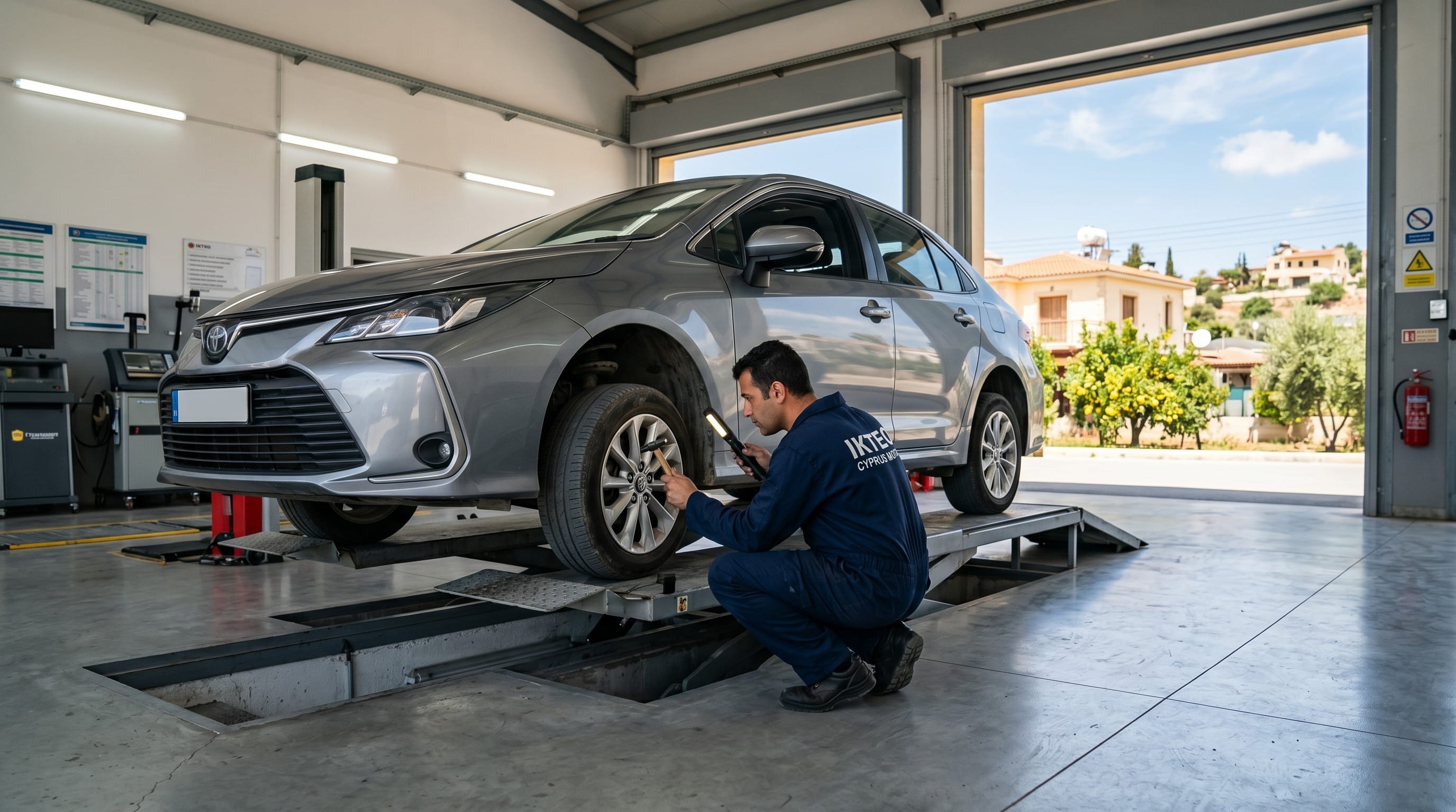 Samochód na podnośniku w cypryjskim centrum przeglądu technicznego IKTEO, mechanik sprawdza podwozie