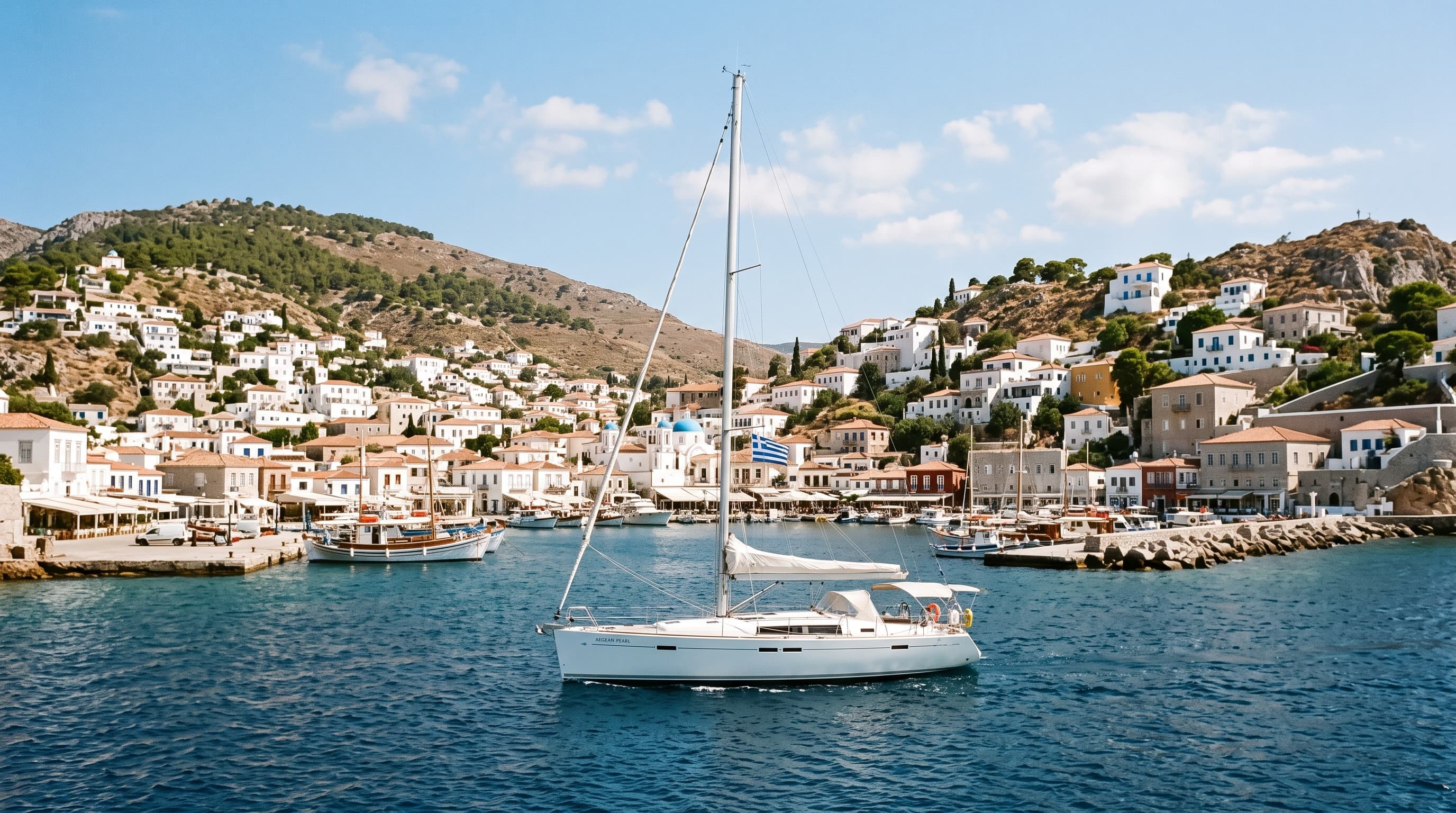 White sailing yacht flying a Cyprus courtesy flag cruising toward a sun-drenched Greek island harbour