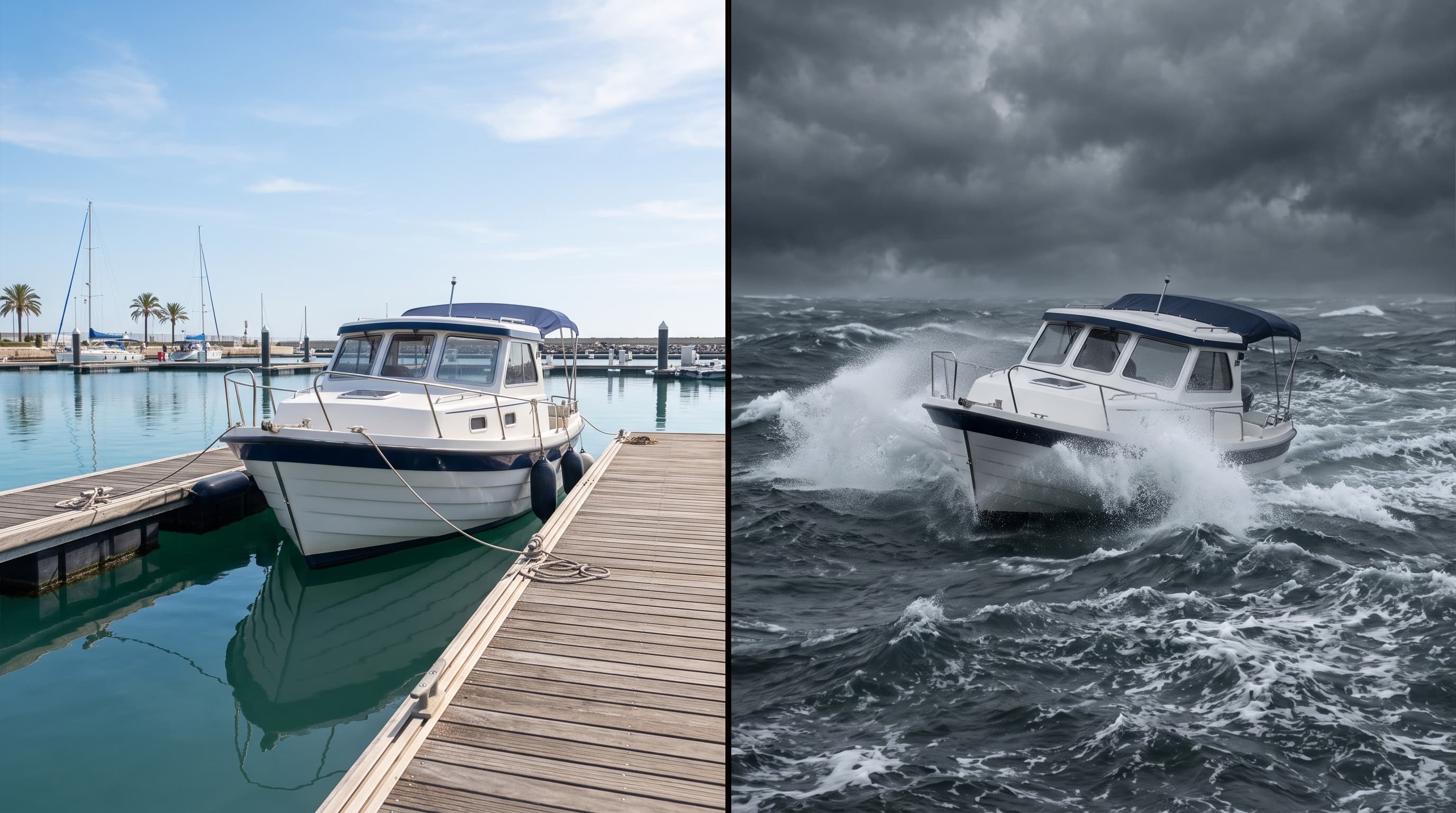 Split image comparing a small boat moored calmly at a marina dock and the same boat facing rough storm swells at sea