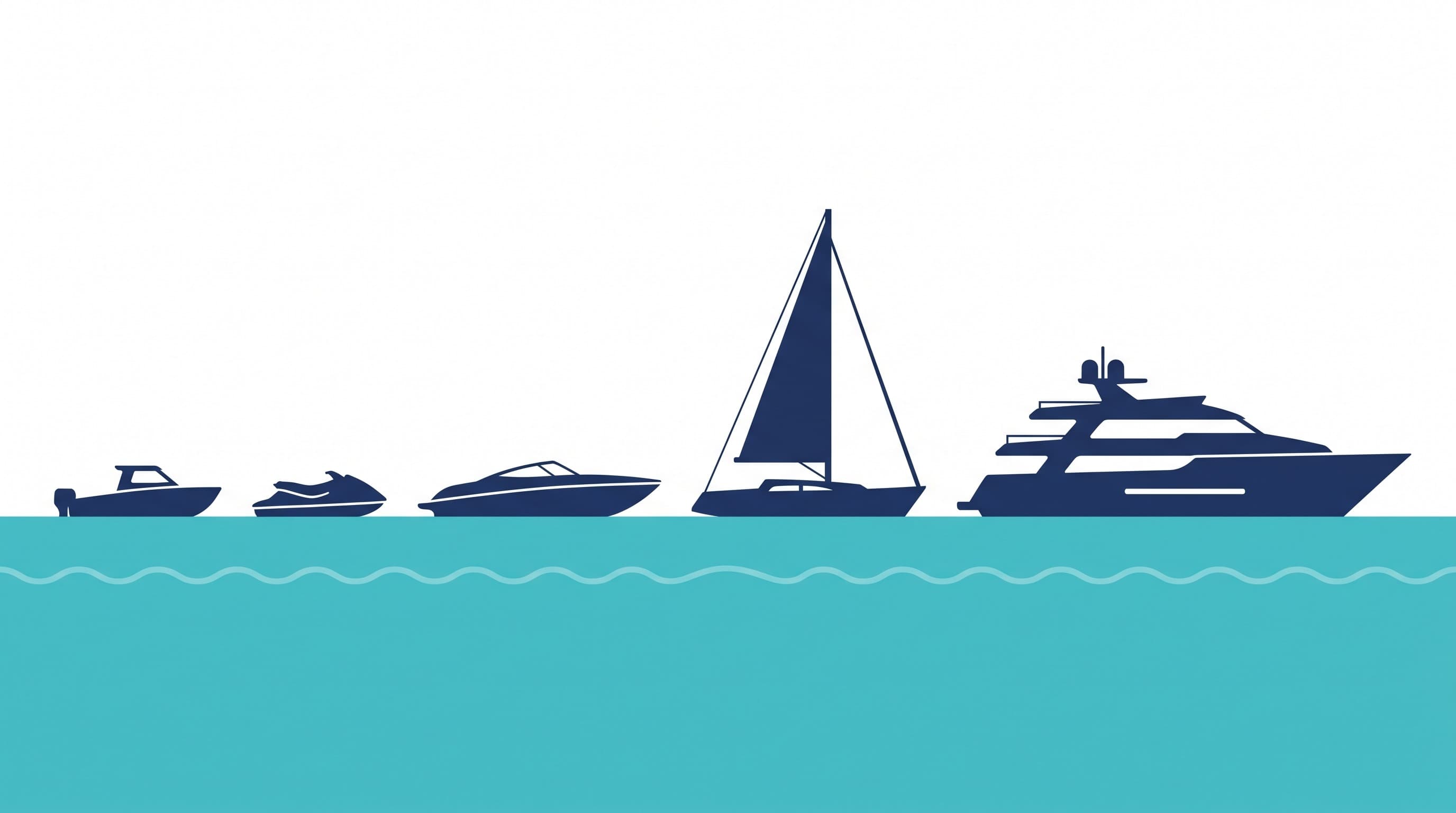 Flat-vector banner of five pleasure craft silhouettes, a motorboat, jet ski, speedboat, sailing yacht and motor yacht, on a stylised turquoise sea