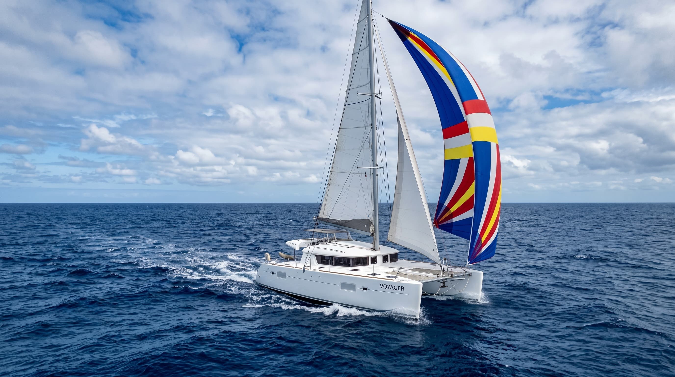 Large catamaran cruising on open ocean water under a clear sky, representing worldwide Lloyd's-backed yacht cover