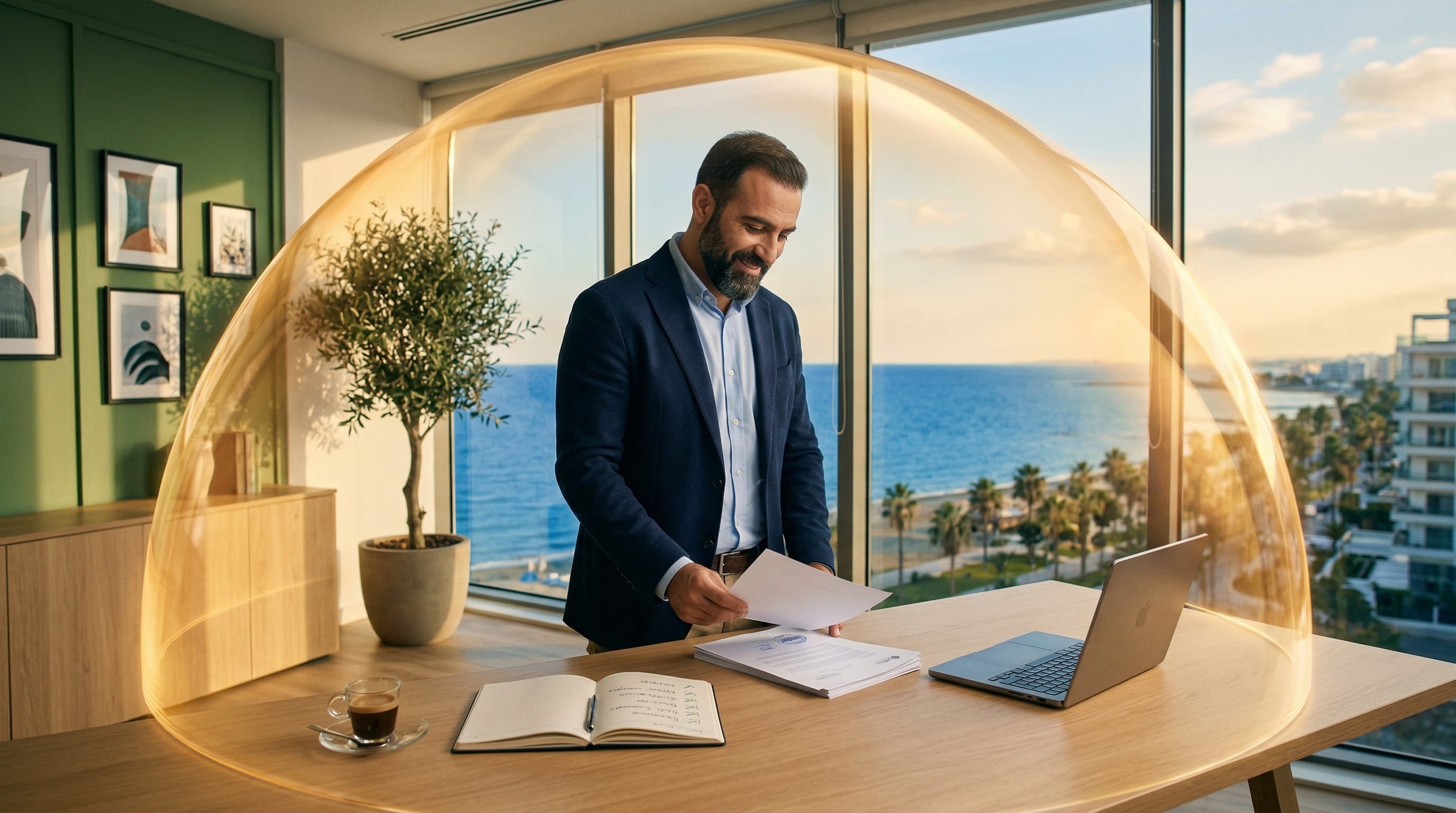 Ιδιοκτήτης επιχείρησης στην Κύπρο εξετάζει ασφαλιστικά έγγραφα σε σύγχρονο γραφείο με θέα στη μεσογειακή πόλη