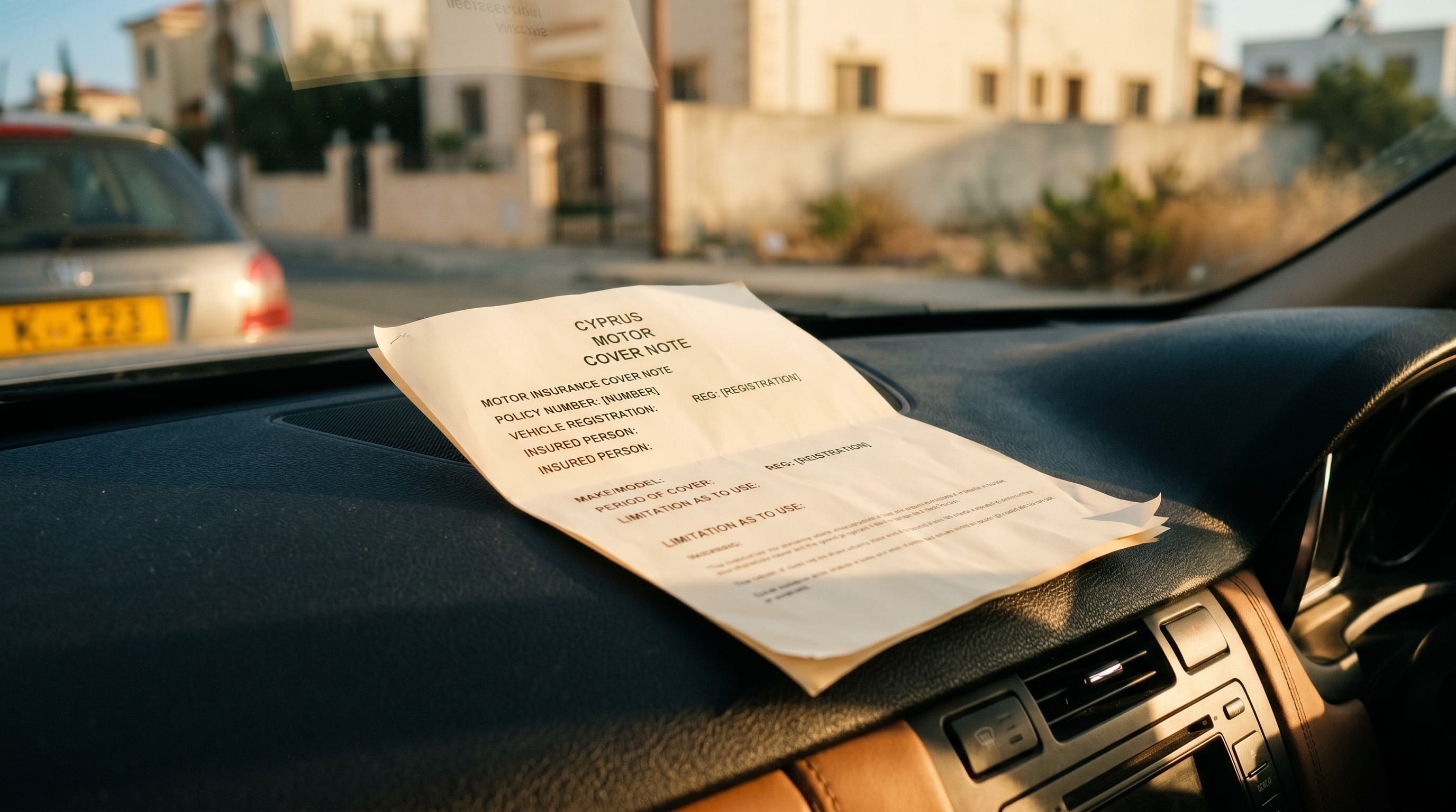 Ασφαλιστικό σημείωμα (cover note) Κύπρος, έντυπο προσωρινής ασφάλισης αυτοκινήτου πάνω στο ταμπλό κυπριακού οχήματος