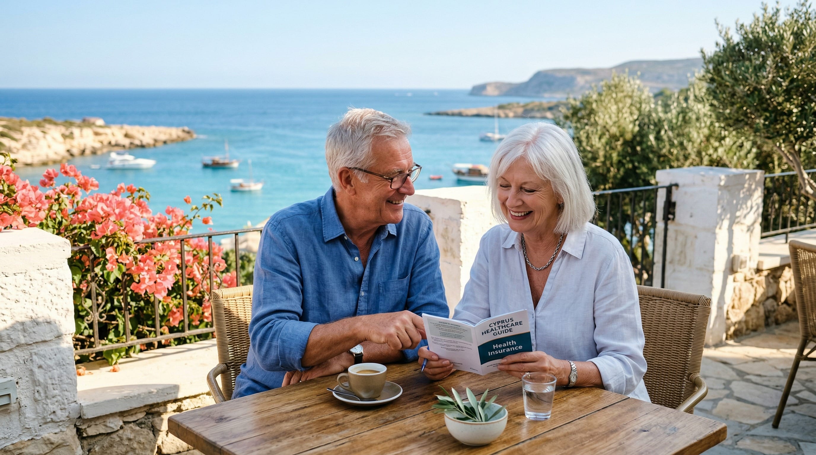 Para emerytów przeglądająca opcje ubezpieczenia zdrowotnego na słonecznym śródziemnomorskim tarasie kawiarni na Cyprze