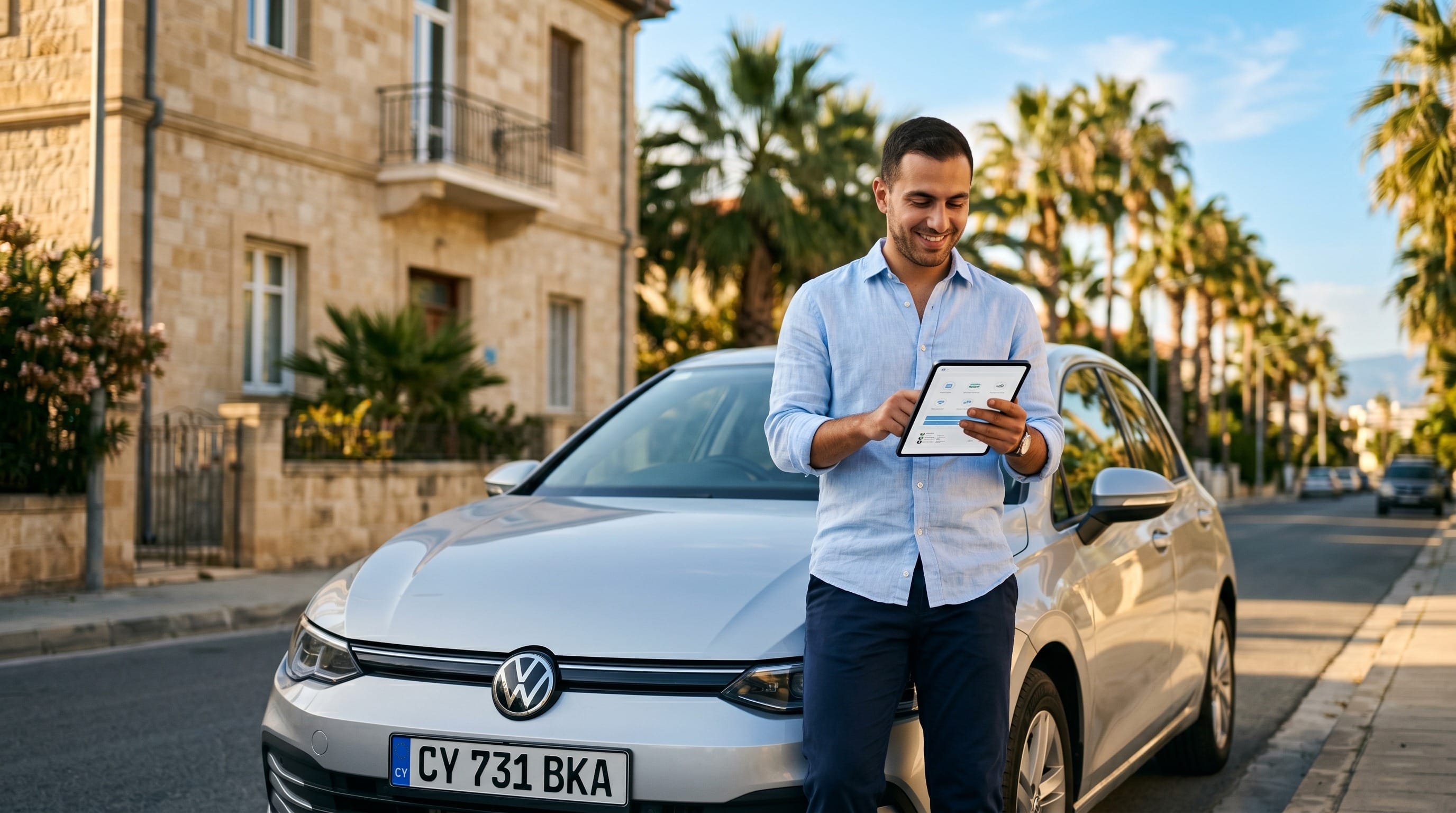 Car insurance in Cyprus - a driver beside a compact car on a sunlit Limassol street reviewing an insurance summary on a tablet