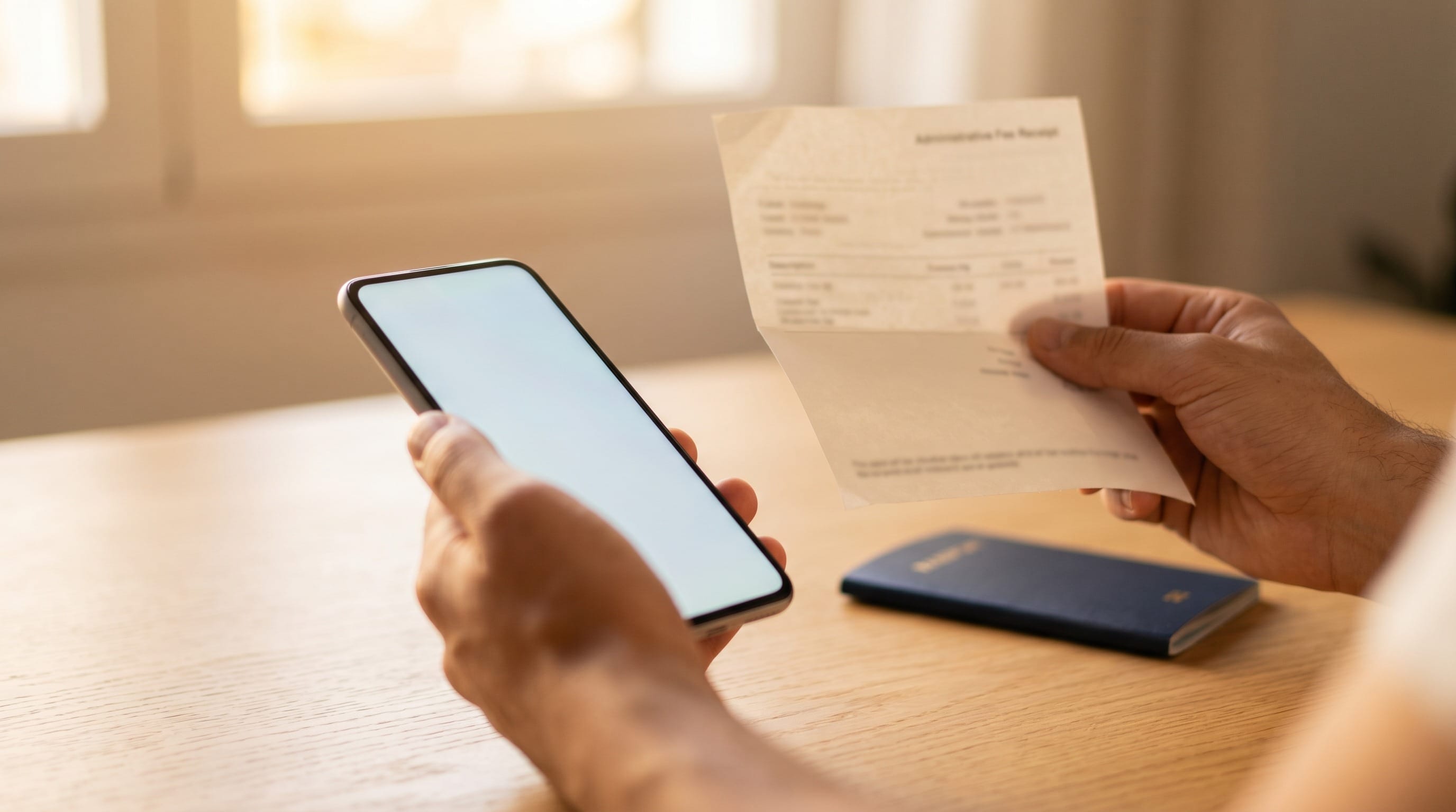איך לבדוק סטטוס pink slip בקפריסין: יד מחזיקה קבלת אגרה של אשרת שהייה לצד טלפון מוכן לשליחת SMS לבדיקת הסטטוס