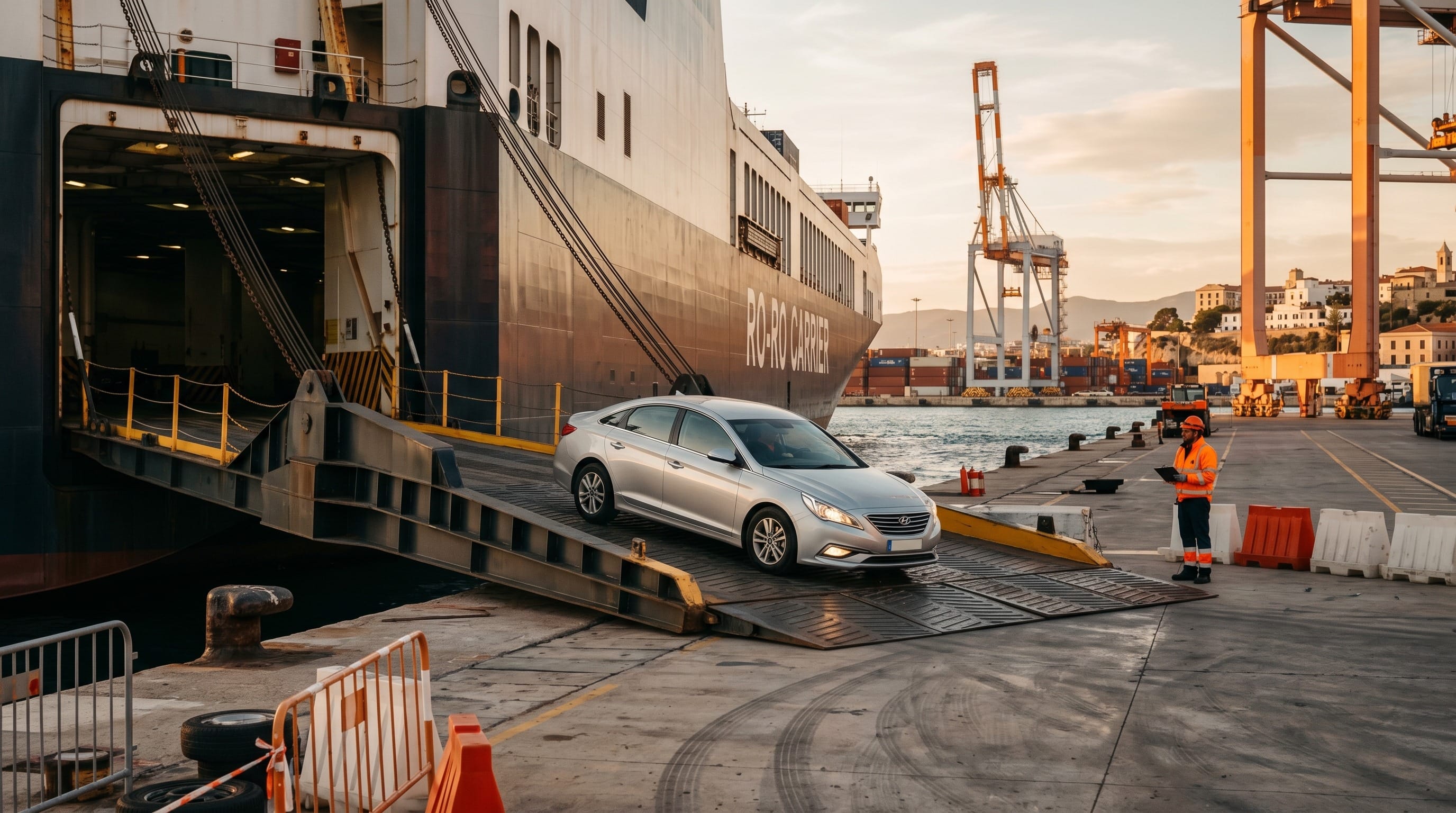 Import a car to Cyprus: a silver sedan rolling off a RoRo cargo vessel at Limassol commercial port under late afternoon Mediterranean light
