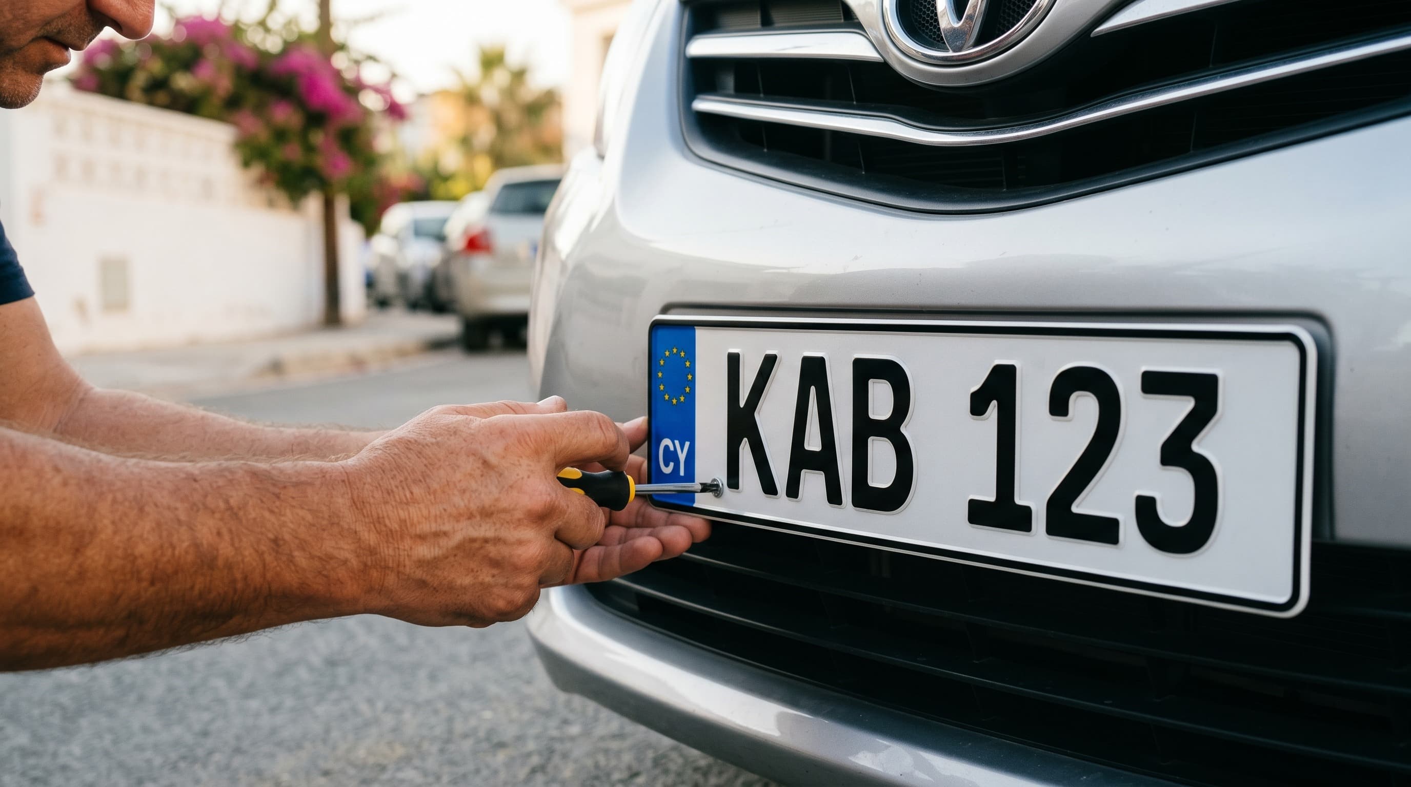 Mounting a new Cyprus number plate on an imported car after Cyprus motor insurance has been issued