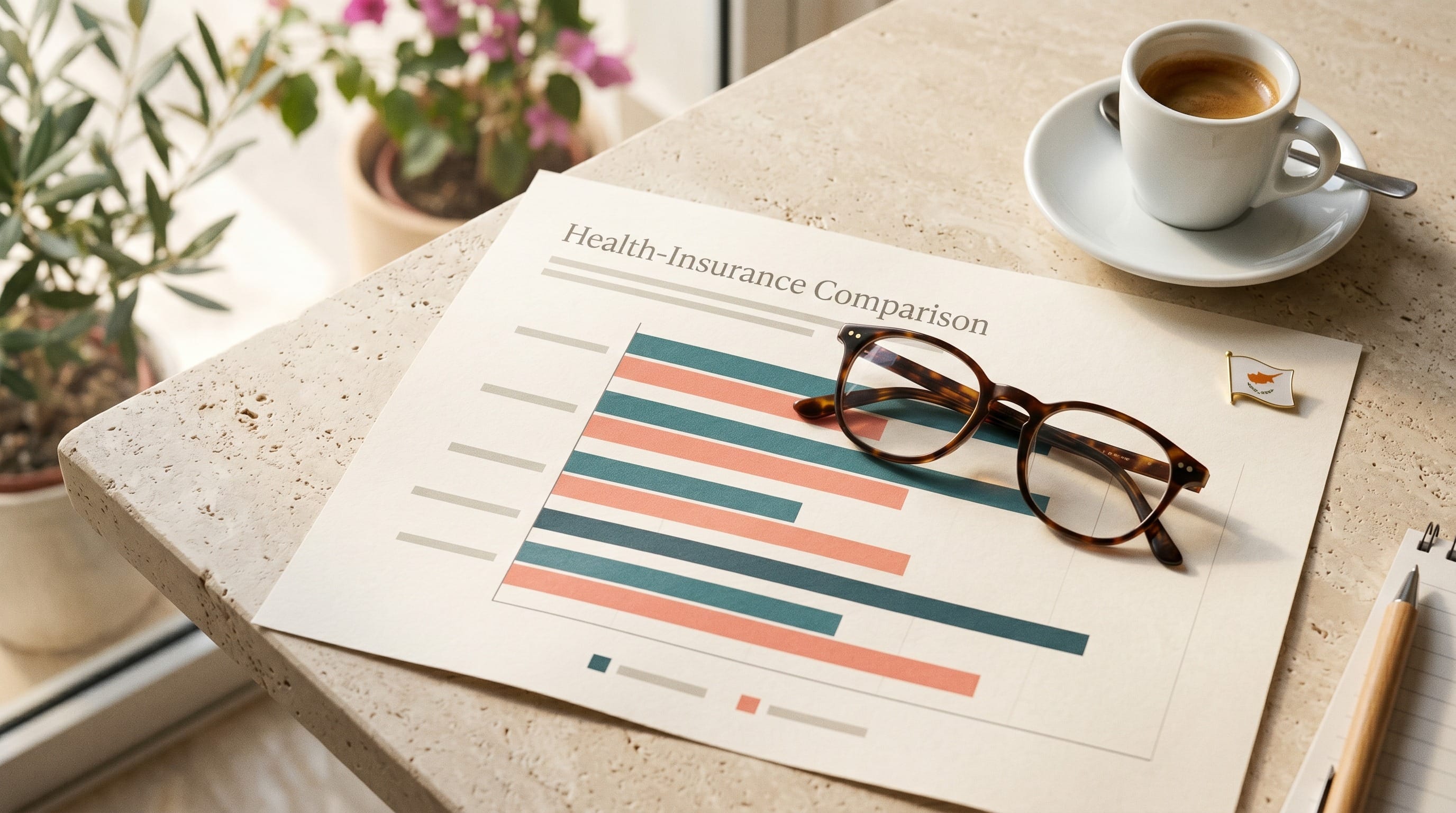 International health insurance cost in Cyprus: comparison sheet with premium bar chart on a sunlit Limassol desk