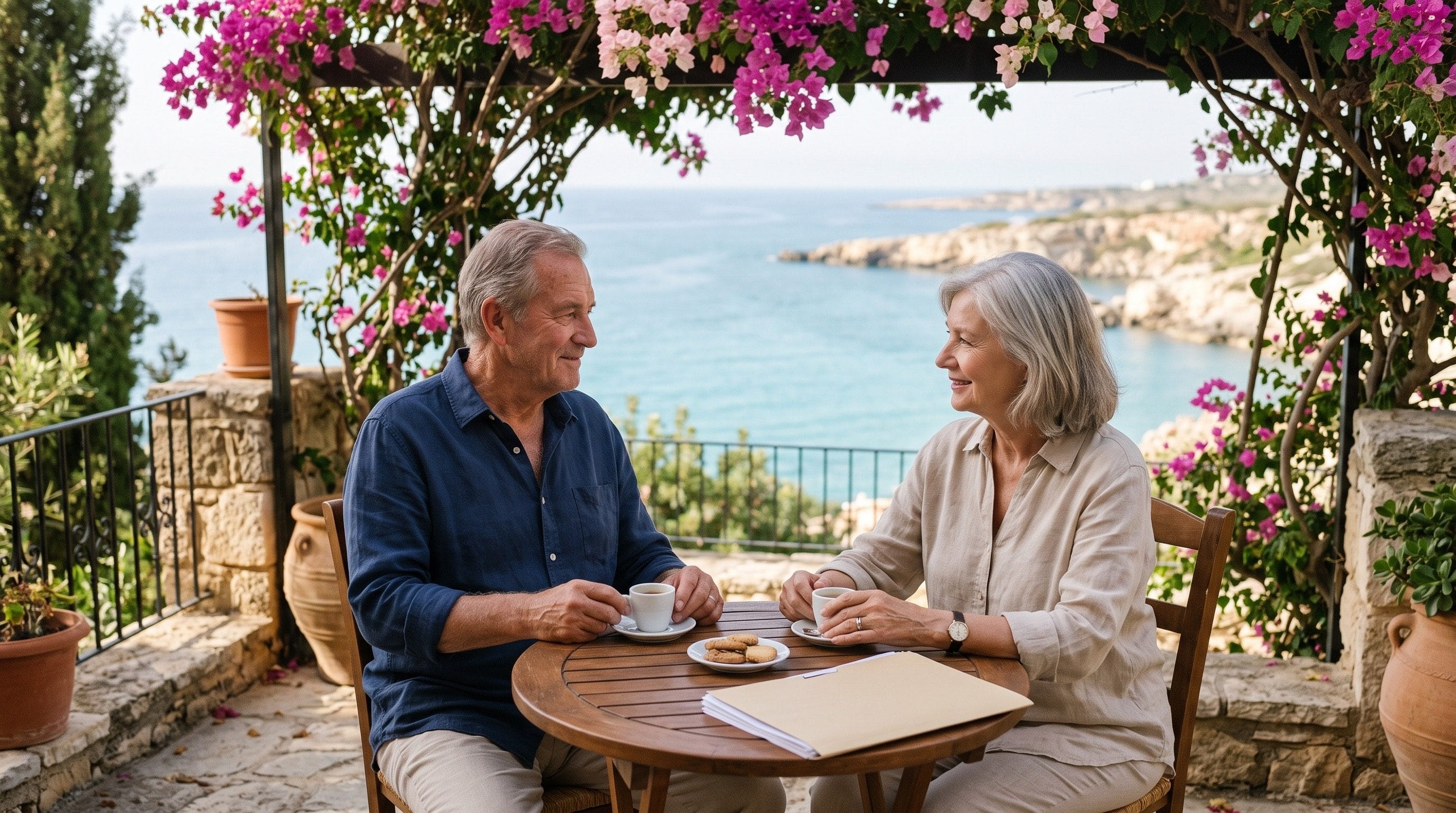 Retired couple on a Cyprus terrace above the sea with their Category F application papers on the table