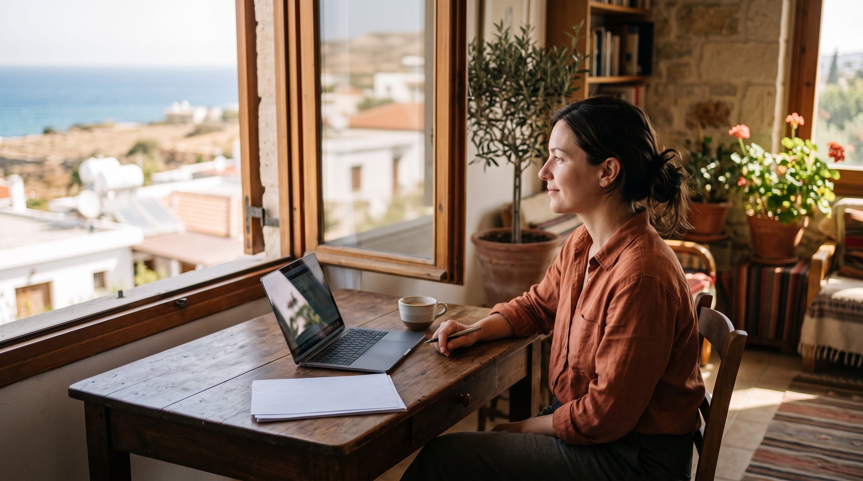 EU citizen working at a desk by an open window in a Cyprus village house after five years of residence