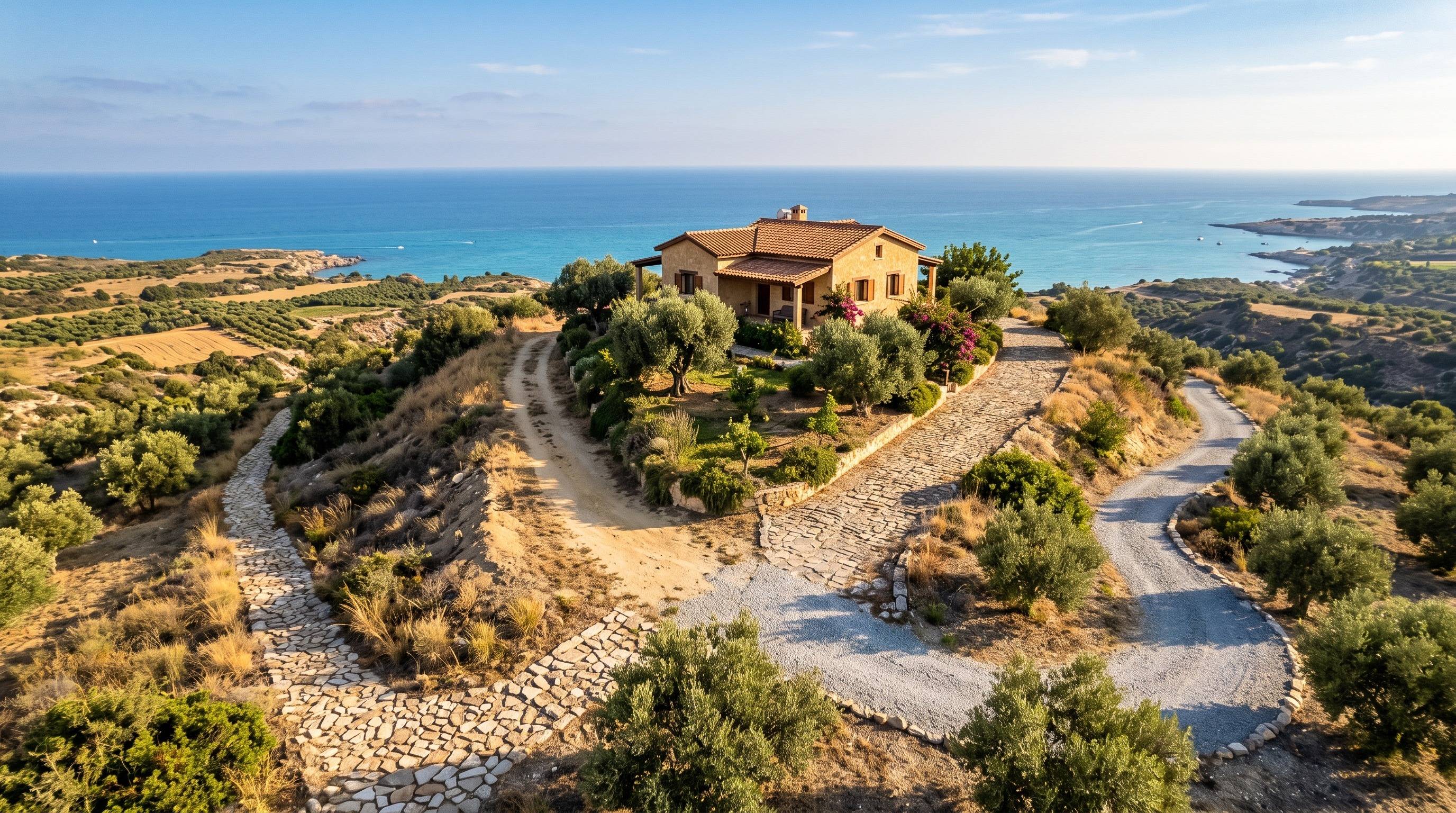 Stone house above the Cyprus coast with separate paths leading up to it, one for each permanent residency route