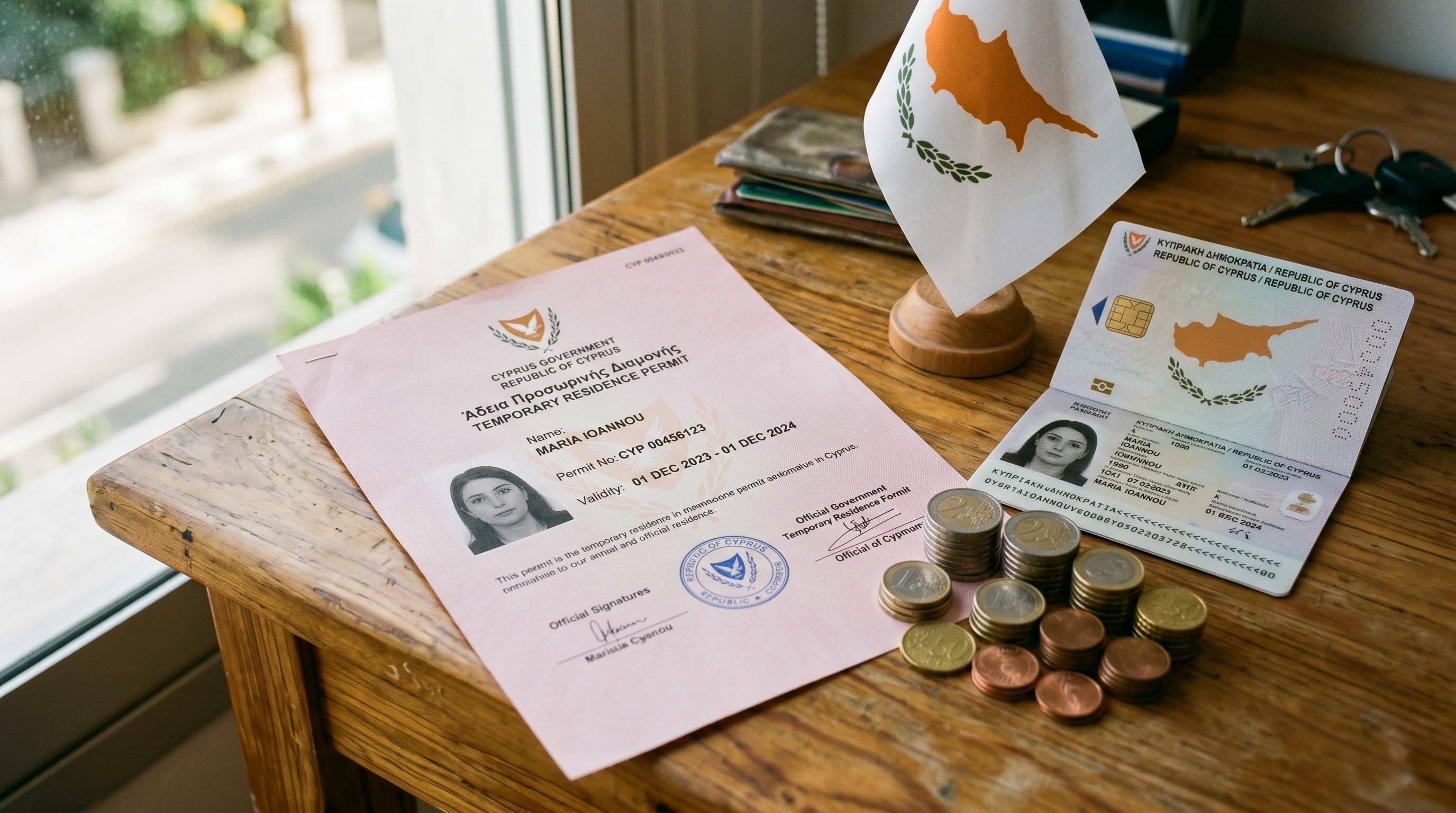 Pink Slip Cyprus cost 2026: temporary residence permit document with Cyprus flag, passport, and euro coins on a wooden desk