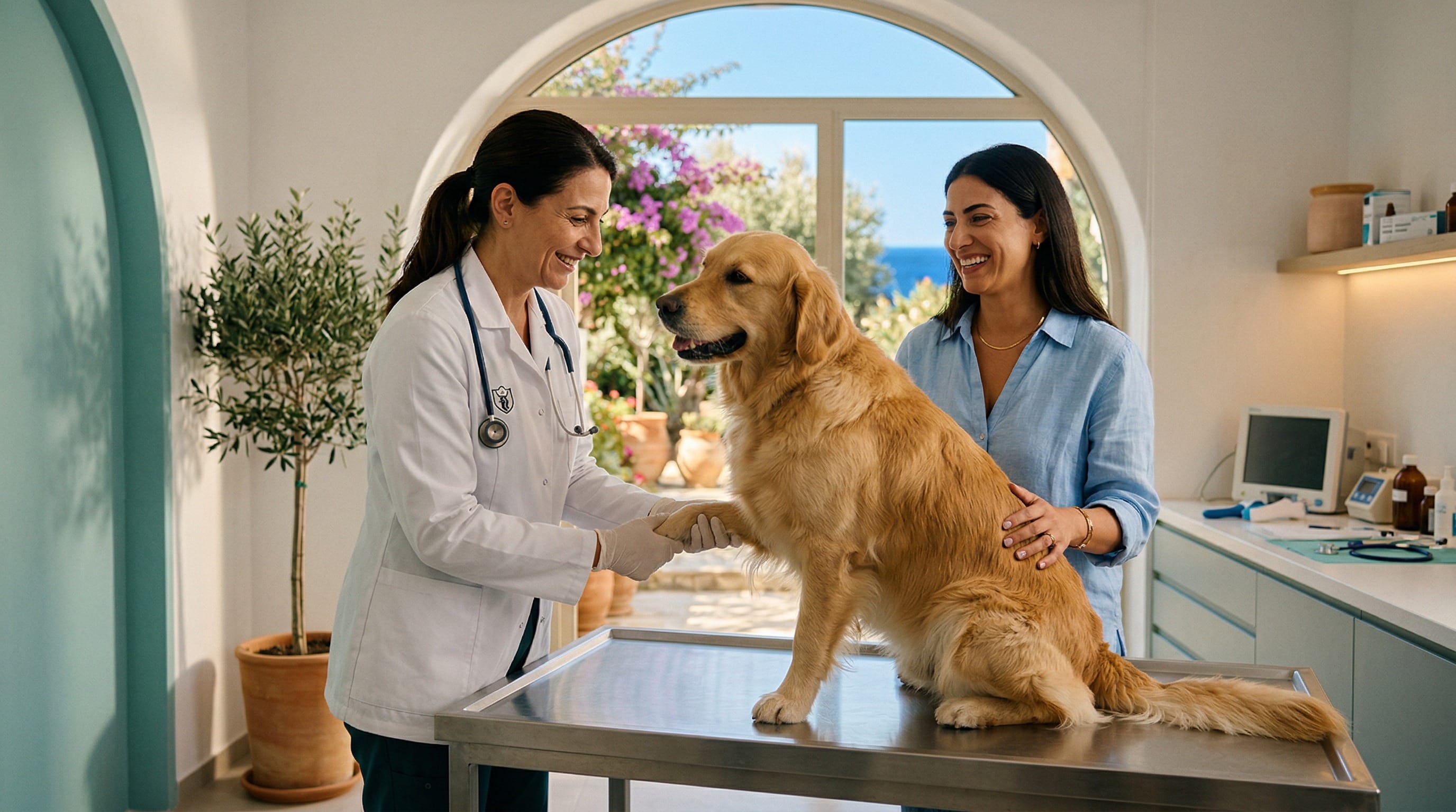 Ветеринар осматривает кошку в клинике на Кипре, на заднем плане медицинское оборудование и солнечное средиземноморское окно