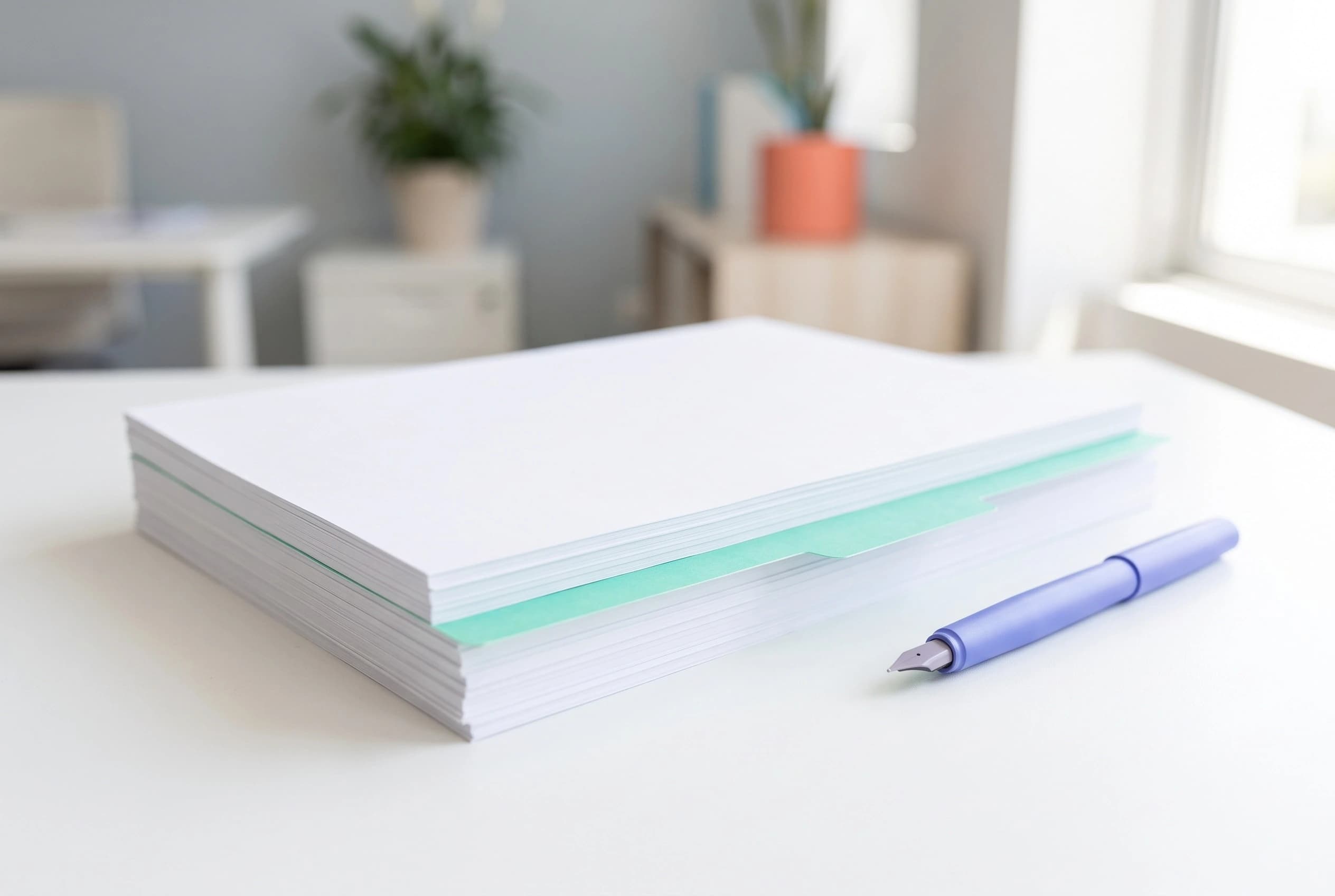 A stack of white documents on a desk with a mint-green tabbed divider inserted partway down, beside a pen.