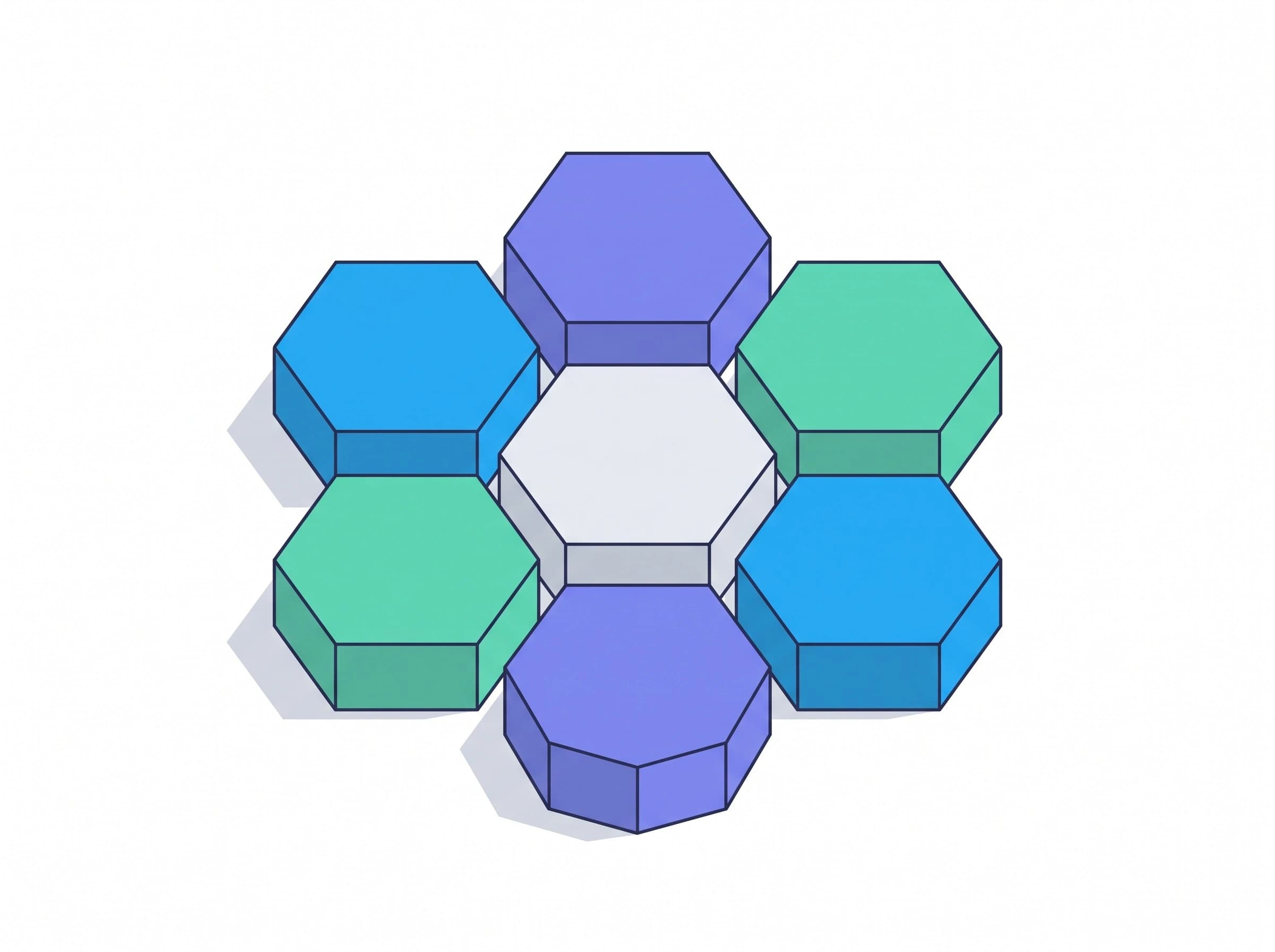 An isometric diagram of six coloured blocks arranged in a ring around a central hub block.