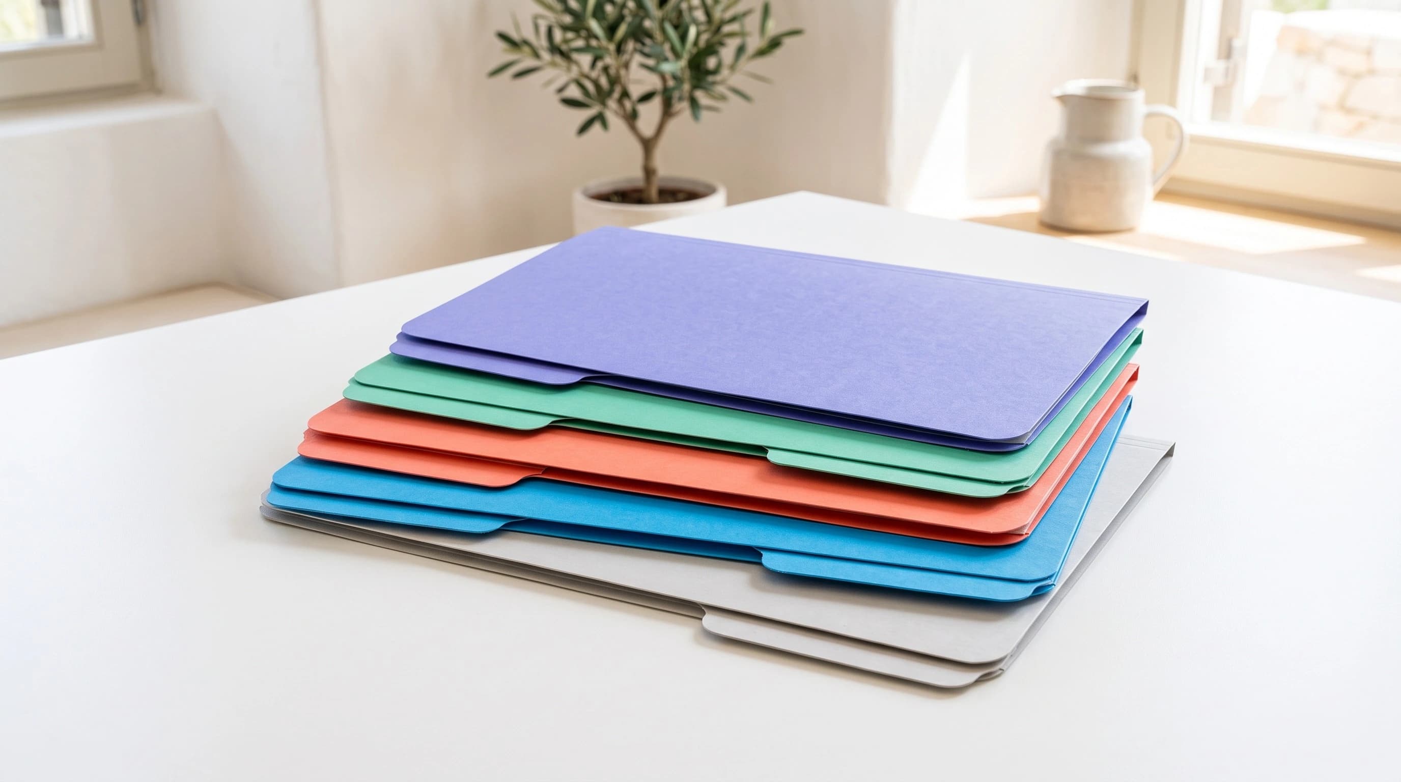 A stack of five overlapping colour-coded document folders on a white office desk.
