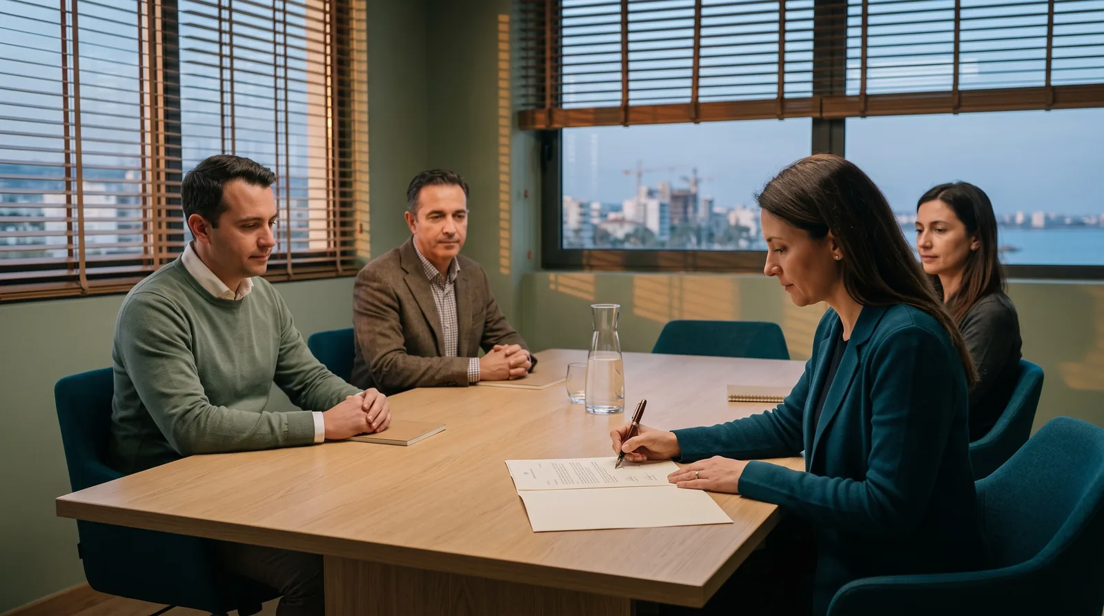 Four people around a pale oak table in a small Cyprus boardroom, one of them signing a printed board resolution while the others watch.