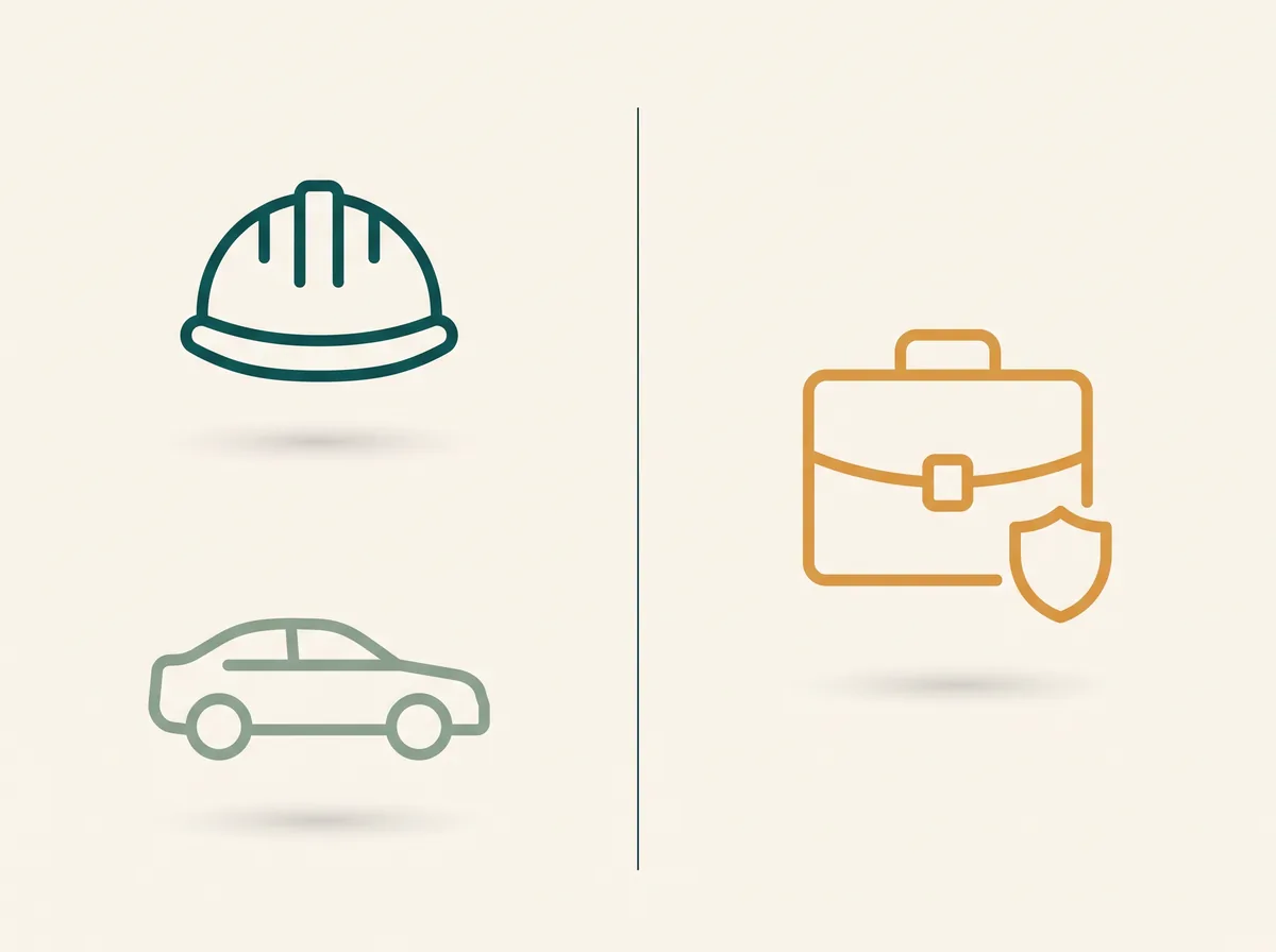 A two-column flat infographic contrasting the two compulsory Cyprus insurance classes on the left, employers' liability and motor third-party, with one non-compulsory class, D&O, on the right, drawn as plain line icons.