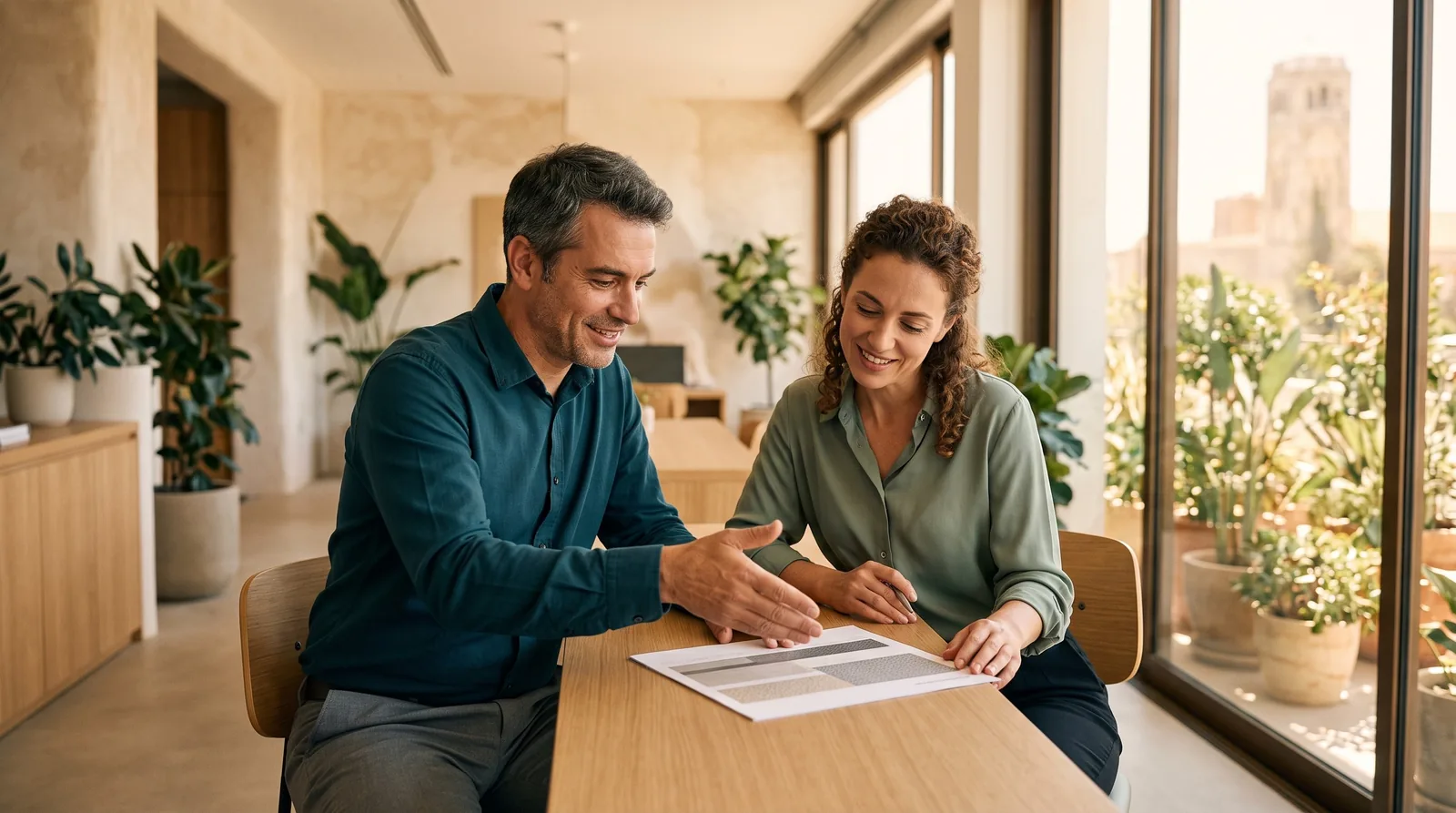 An insurance adviser and a company director sitting side by side at a desk in a bright Cyprus office, reading through a policy schedule together.