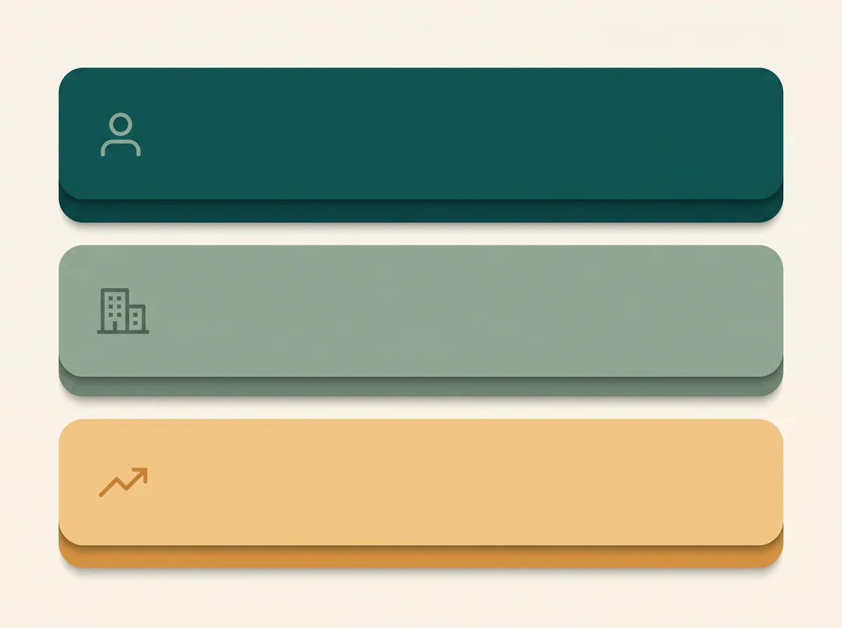 Three horizontally stacked rounded bands in graduated teal, sage and sand, representing Side A personal cover, Side B company reimbursement and Side C entity securities cover.