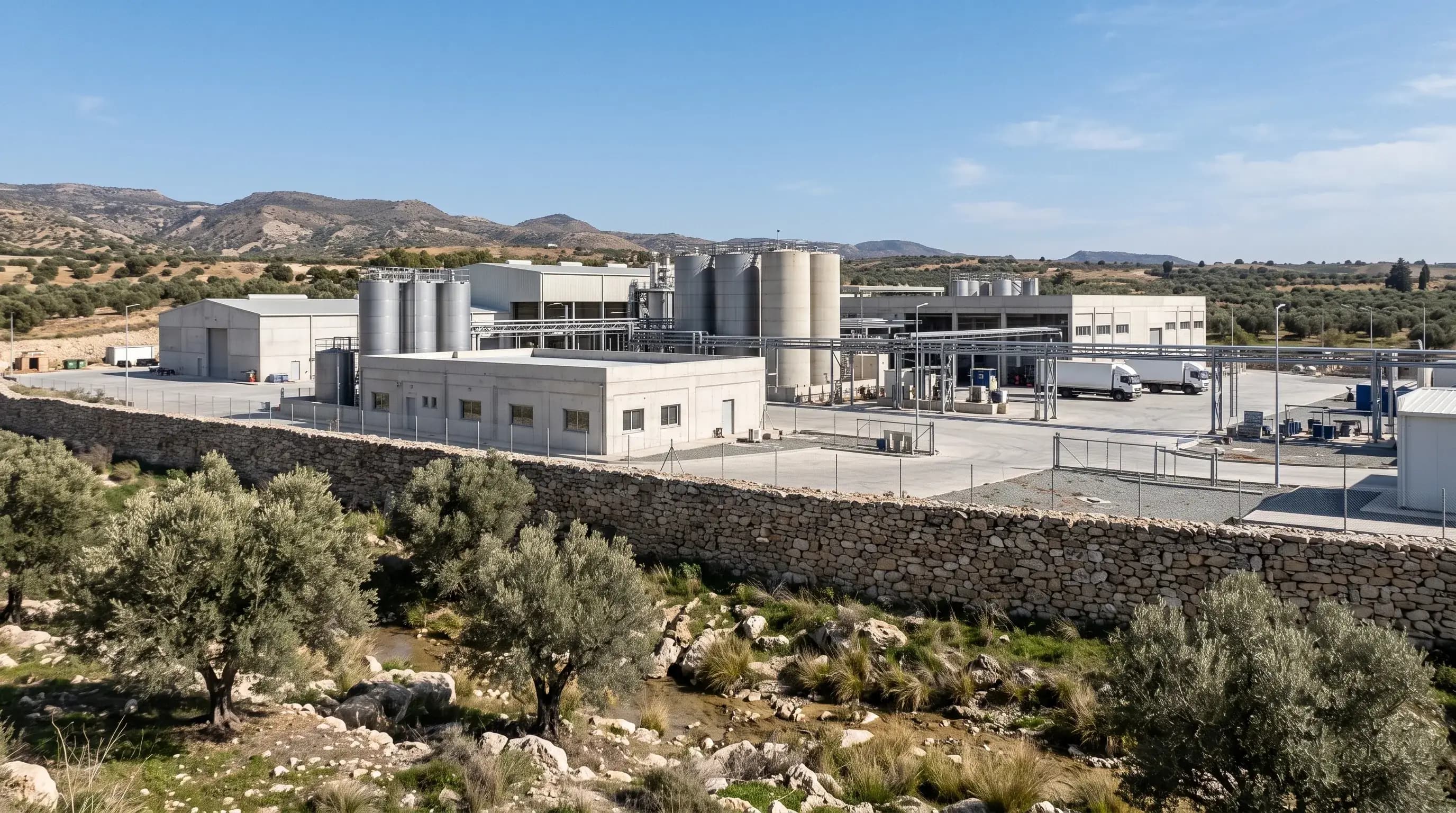 A Cyprus light-industrial site with steel storage tanks behind a dry stone wall, a shallow watercourse and olive trees in the foreground.