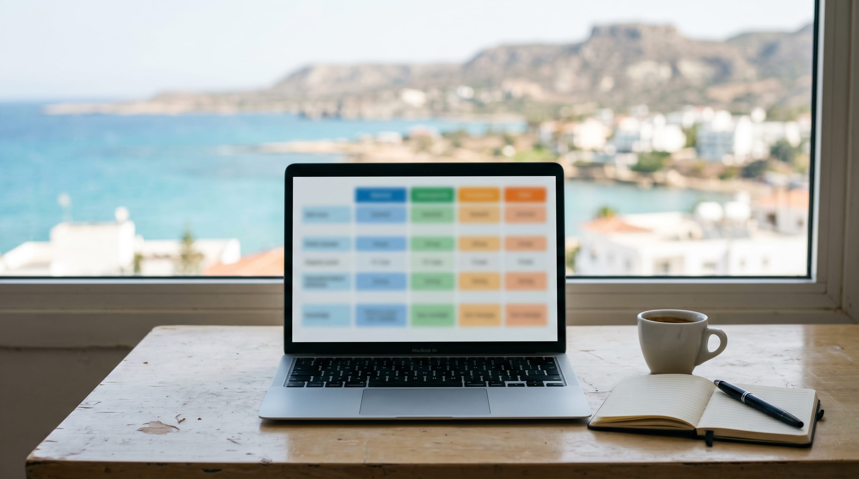 Best private health insurance company Cyprus: laptop with comparison grid, notebook, and espresso cup on a Cyprus seaside cafe table