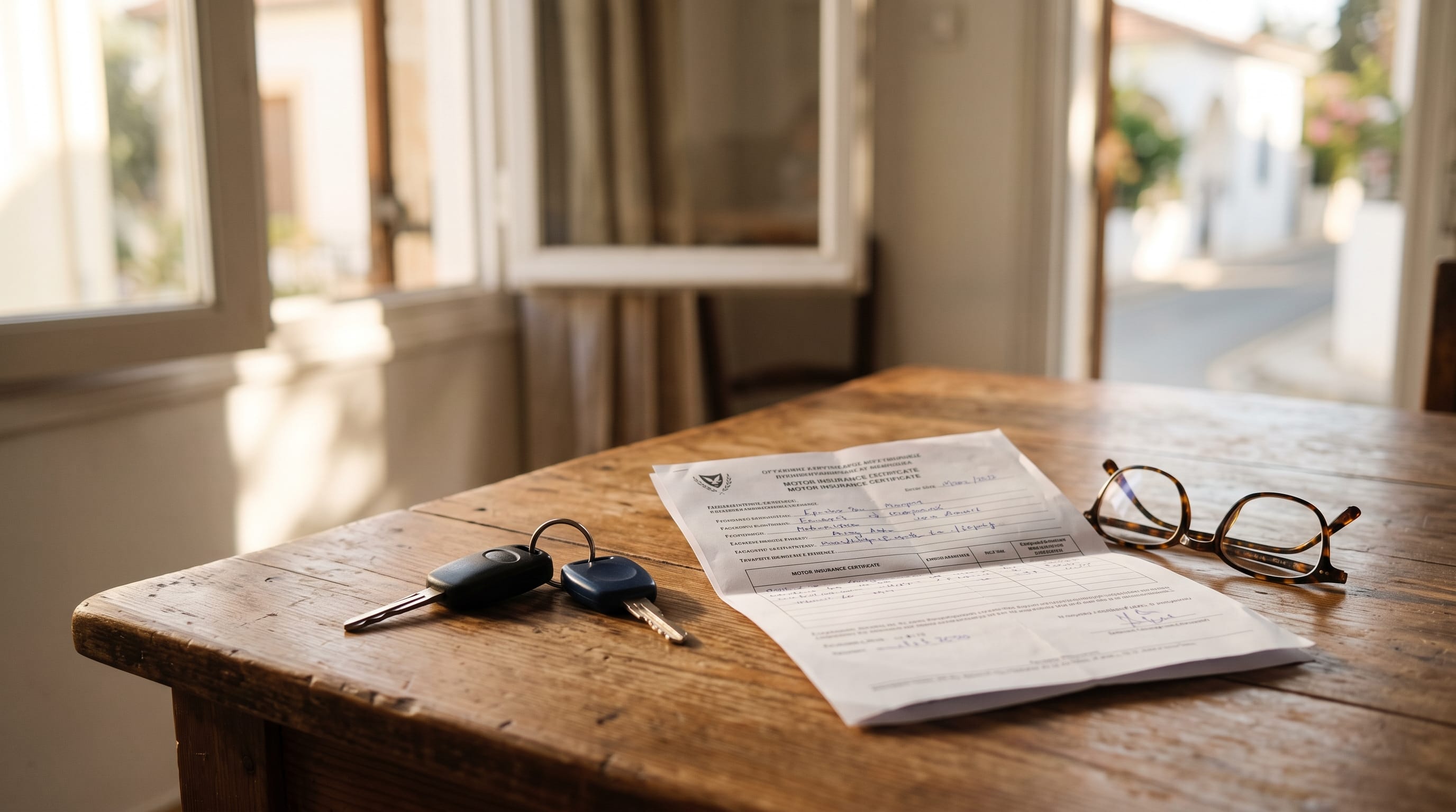 Can I drive someone else's car in Cyprus: two sets of car keys on a wooden desk beside a folded motor insurance certificate