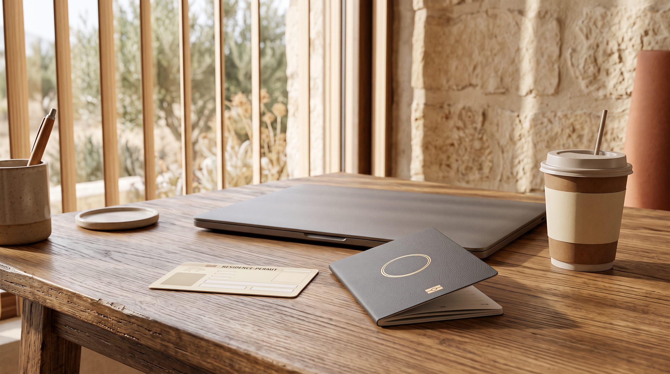 Can you work in Cyprus with a Pink Slip: a residence permit card and passport beside a closed laptop on a sunlit desk
