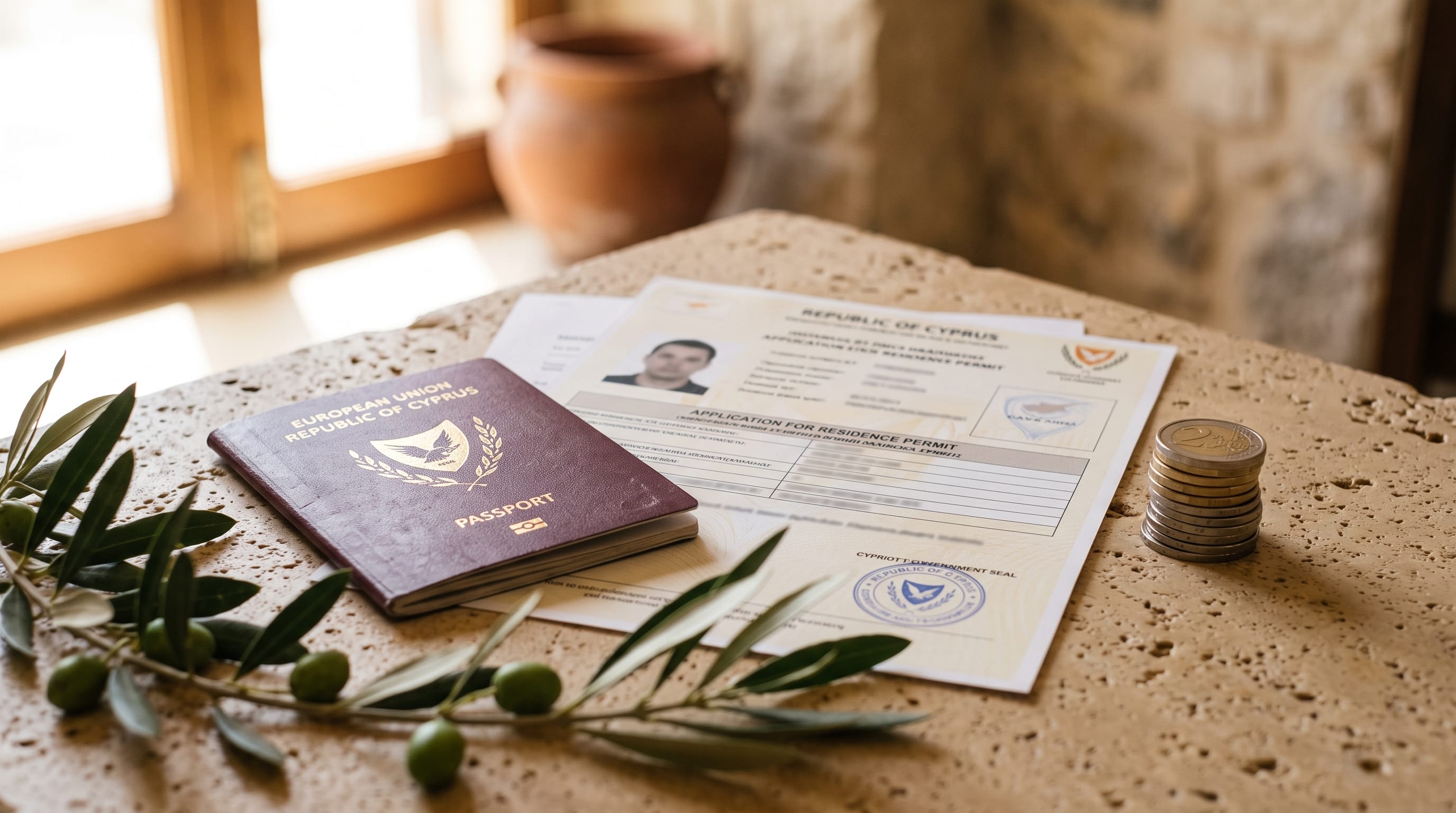 Cheapest immigration medical insurance in Cyprus: a residence permit and passport beside a stack of euro coins on a limestone table