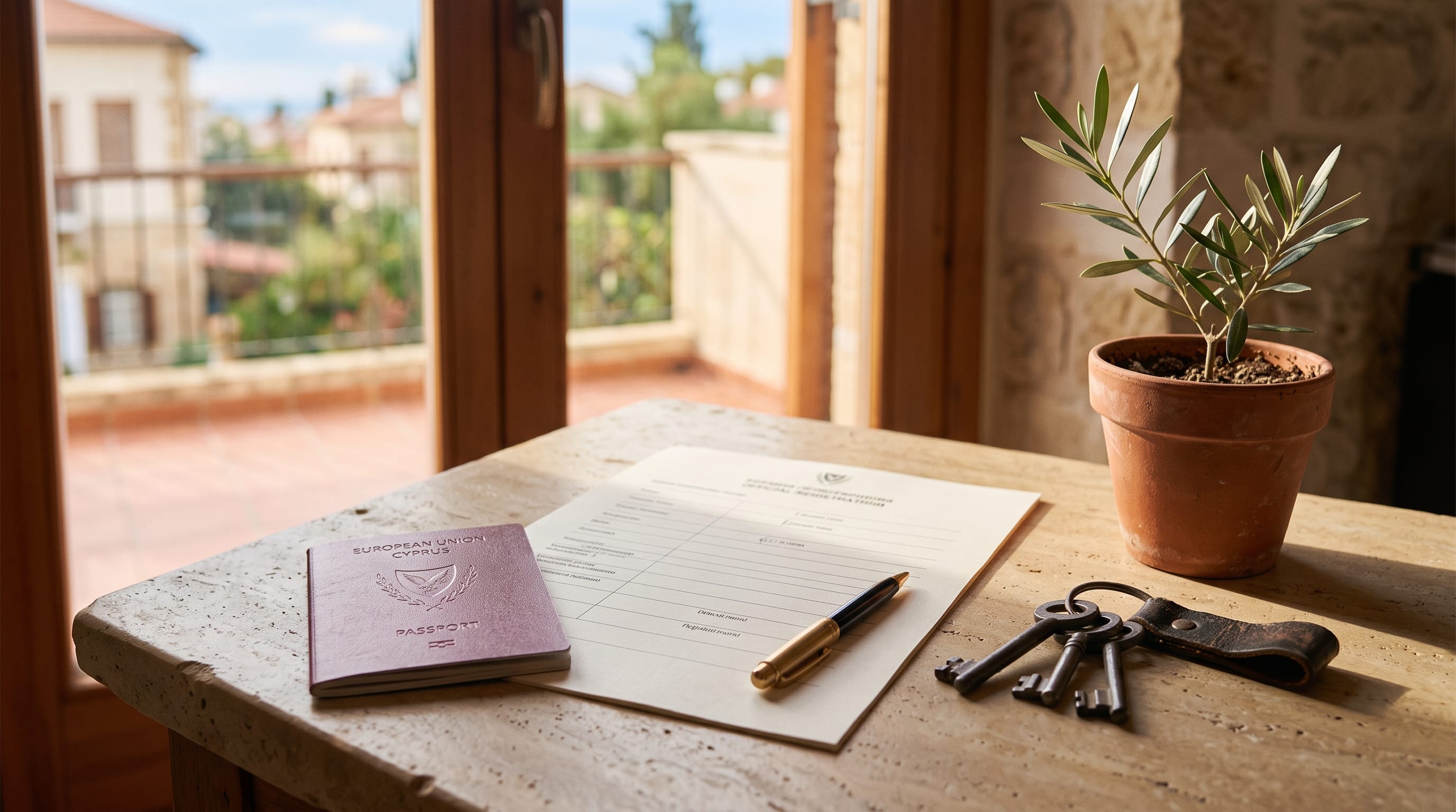 Do EU citizens need health insurance for the Yellow Slip in Cyprus: an EU passport and a blank MEU1 registration form on a sunlit limestone desk