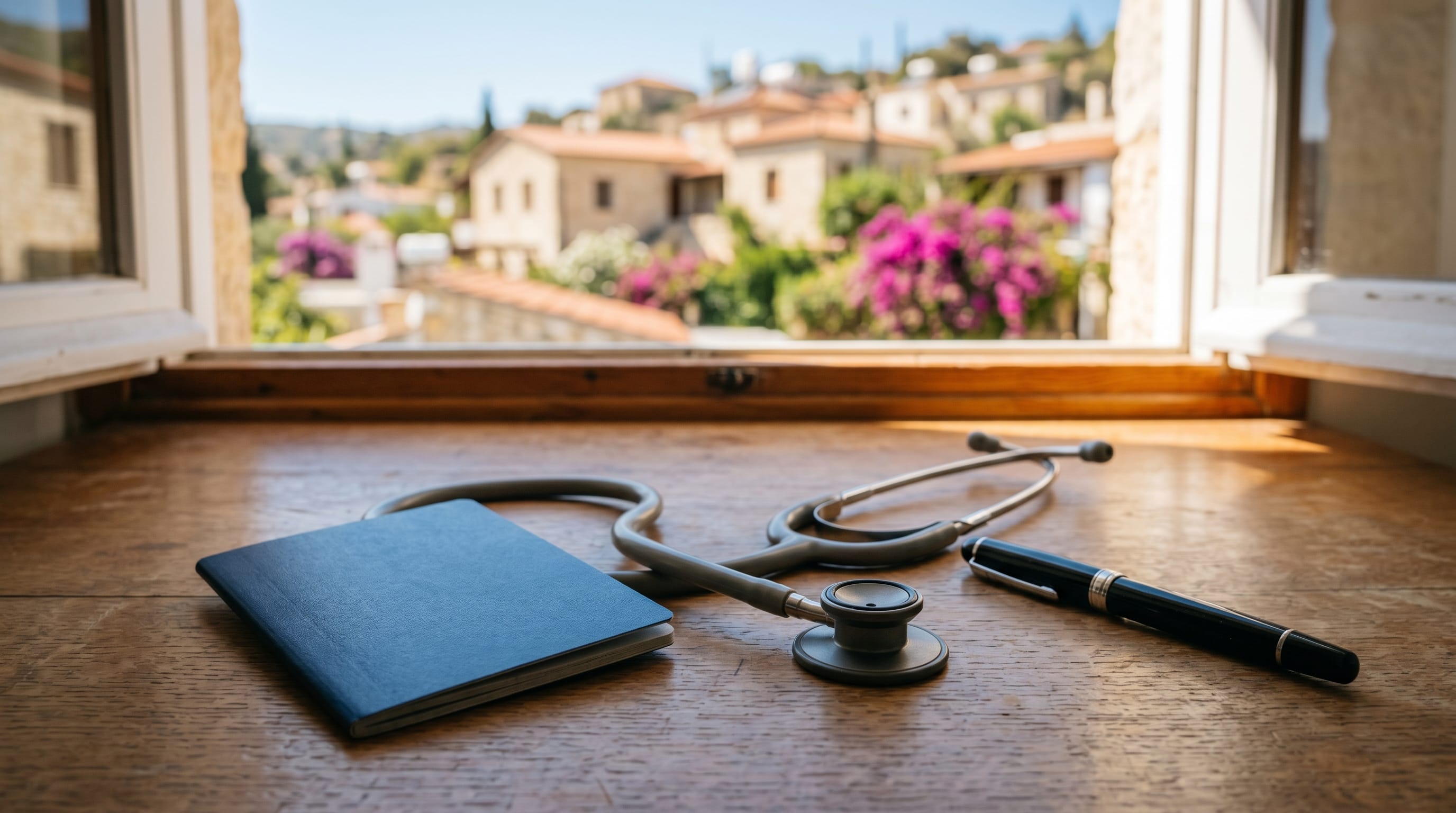 Do I need private health insurance in Cyprus: passport, stethoscope, and pen on a wooden desk in Cyprus morning light
