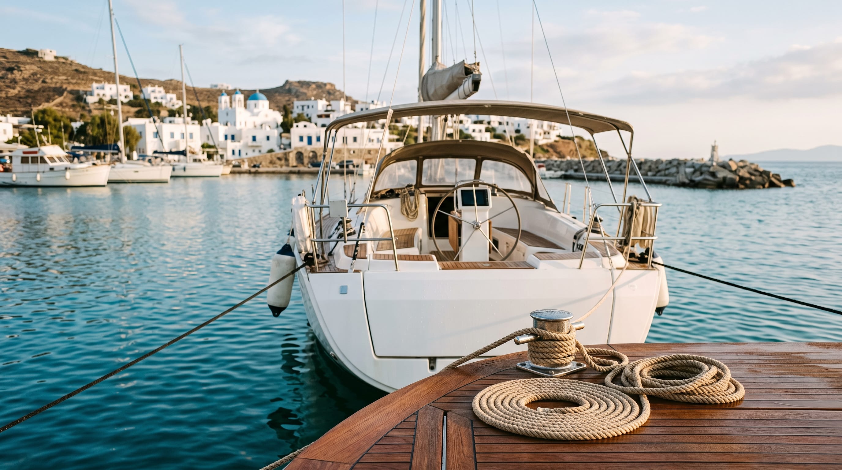 Yacht charter insurance Greece - a bareboat sailing yacht moored at a Greek island marina at first light
