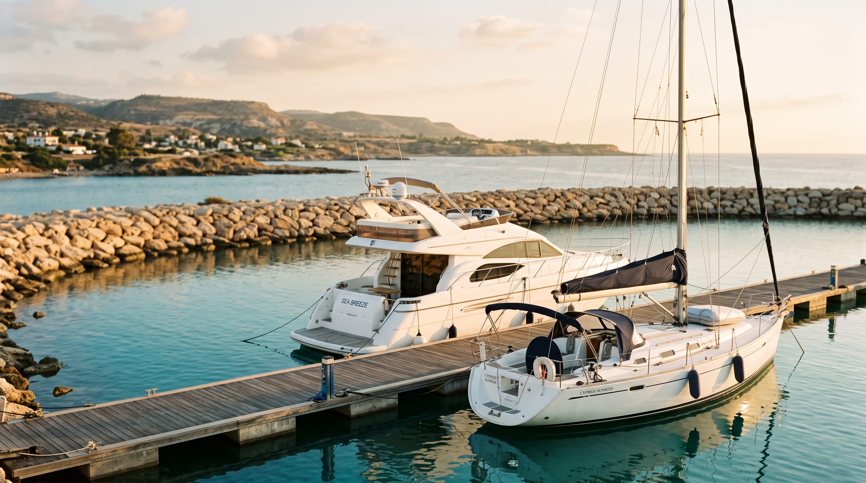 Yacht insurance cost in Cyprus, Greece and Malta: a sailing yacht and motor yacht moored in a calm Mediterranean marina at golden hour