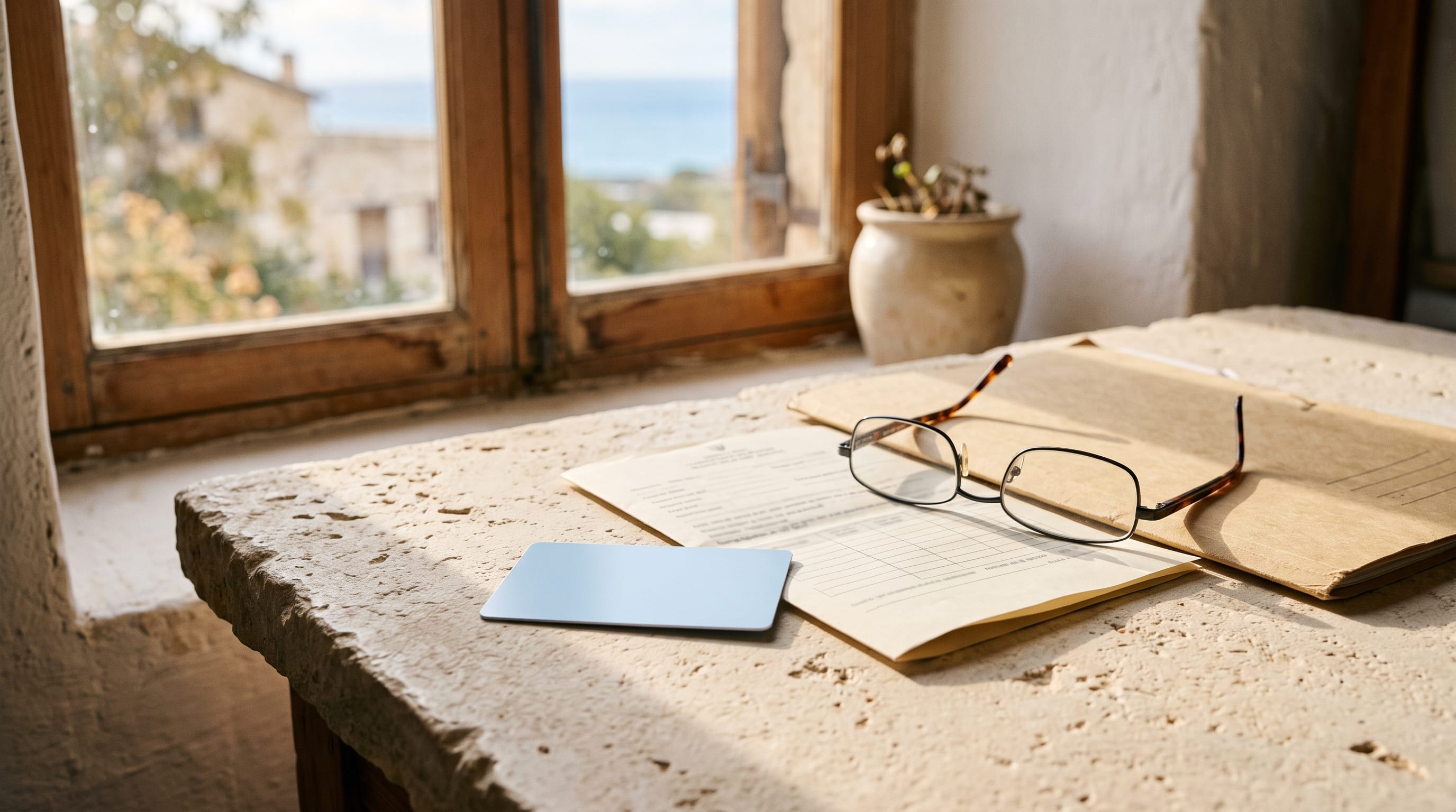 EHIC and S1 form for the Cyprus Yellow Slip: a European health insurance card, an S1 form and a blank MEU1 registration form on a sunlit limestone desk