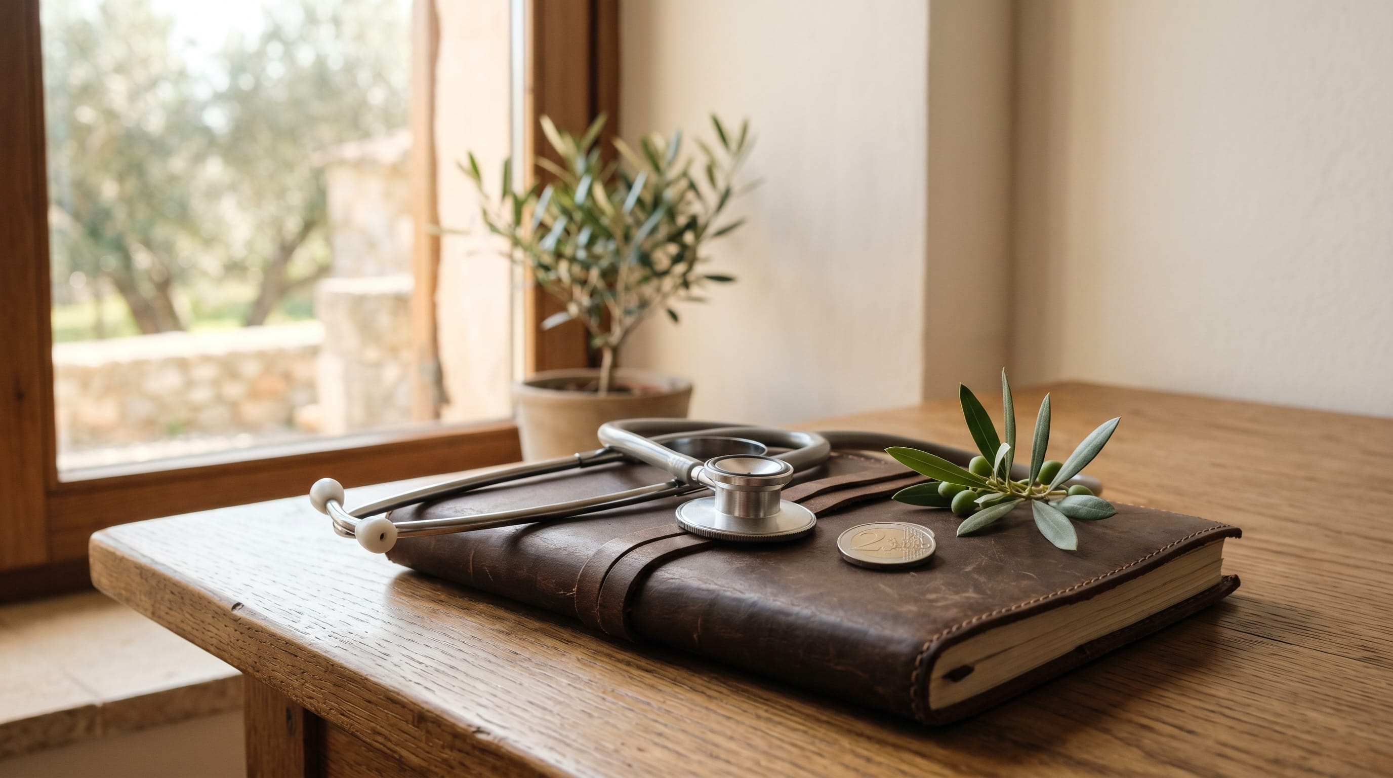 Is private health insurance worth it in Cyprus: silver stethoscope and notebook on a wooden desk in Mediterranean morning light