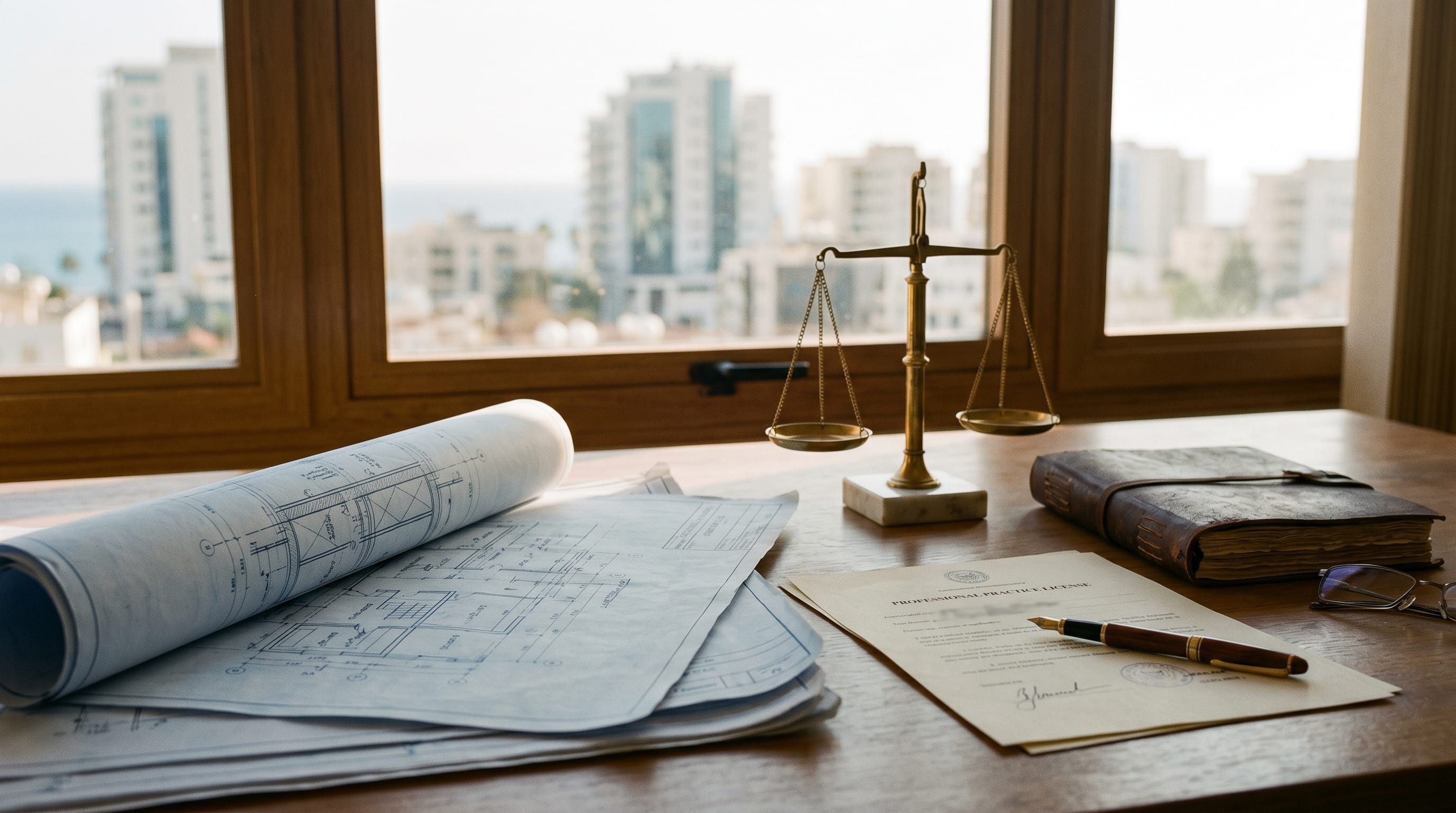 Is professional indemnity insurance mandatory in Cyprus: architect's drawings, scales of justice and a professional licence on a Cyprus office desk