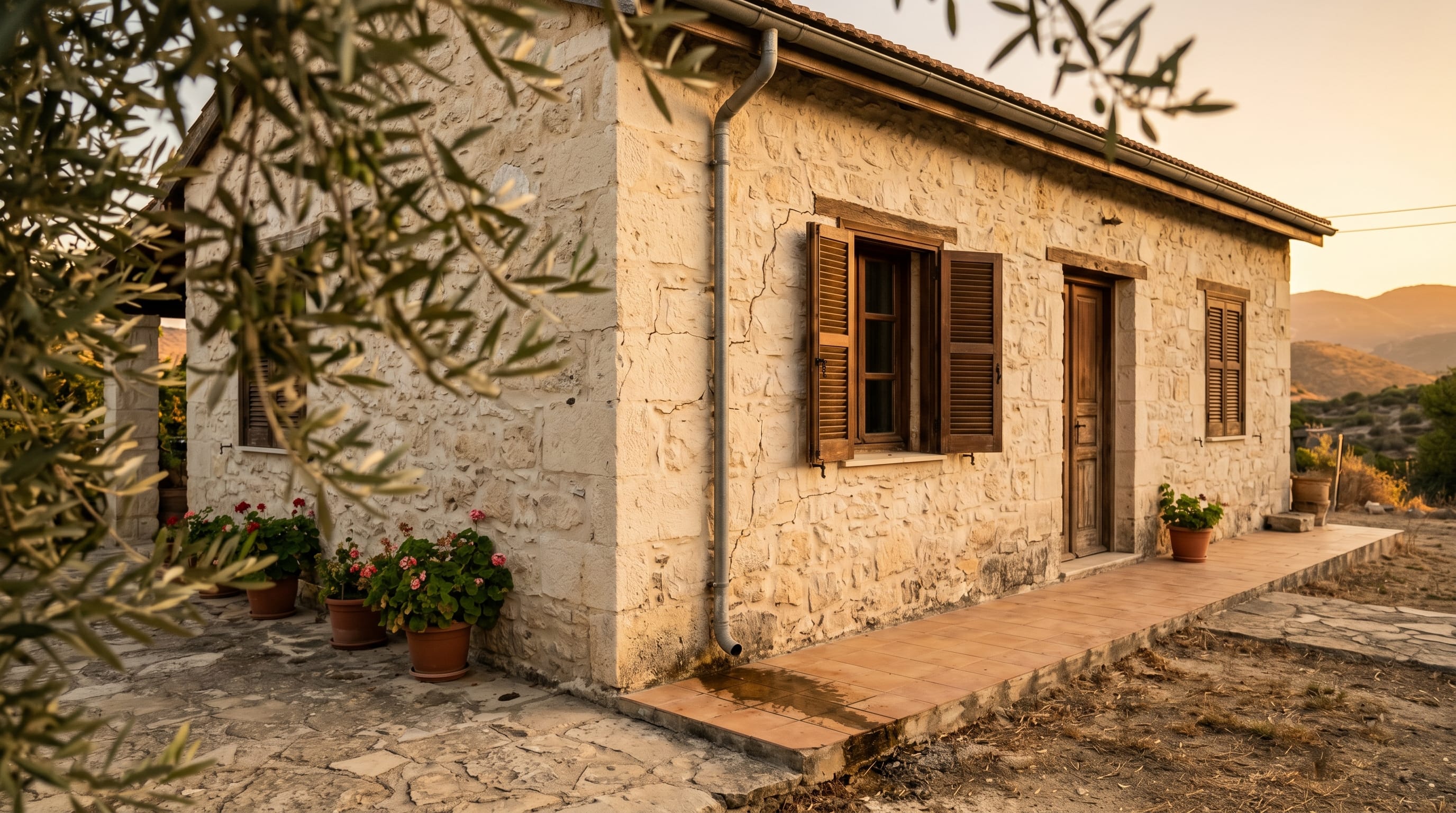 What home insurance does not cover in Cyprus: weathered stone wall of a Cyprus house with hairline cracks and a slow downpipe drip in golden afternoon light