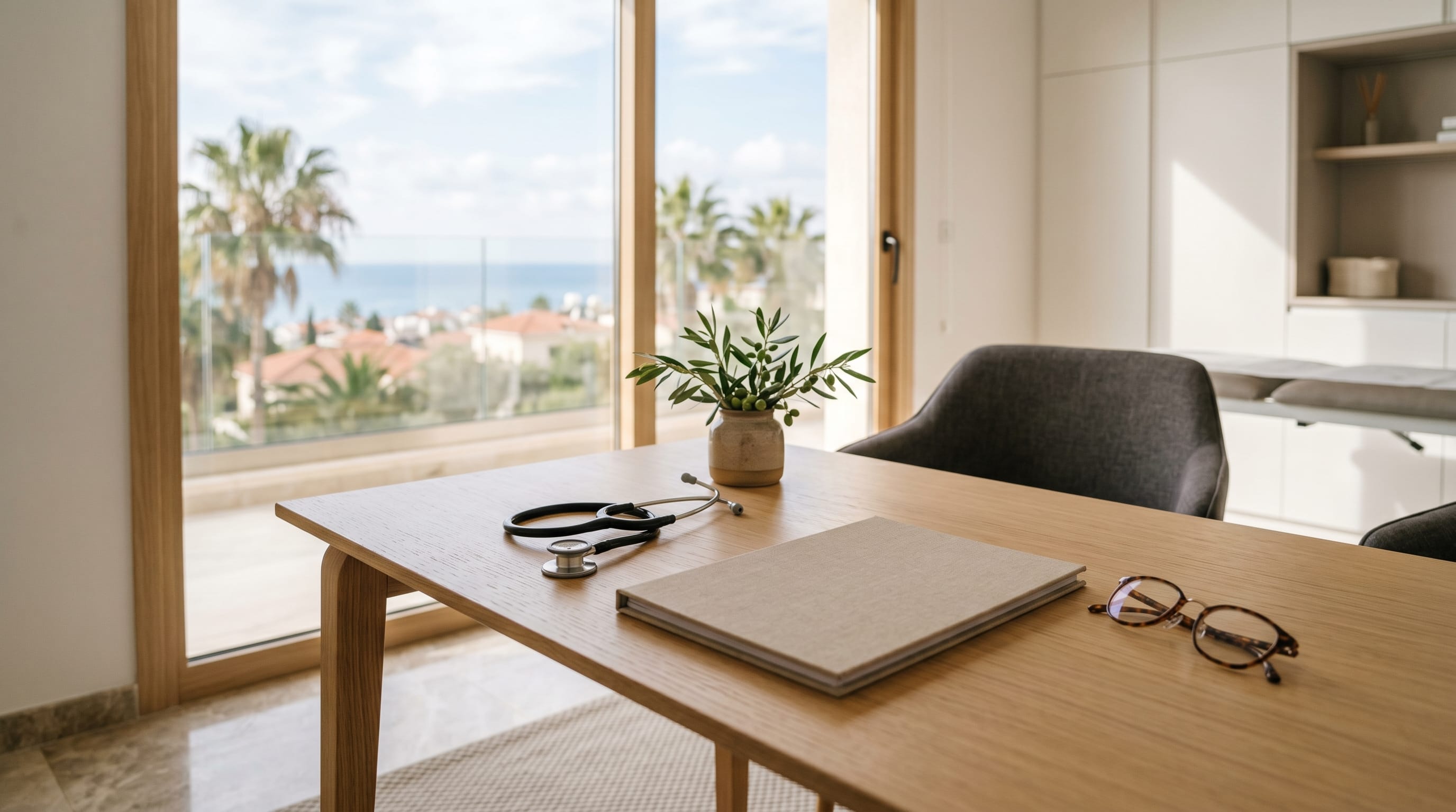 What does private health insurance cover in Cyprus: stethoscope, policy folder and olive sprig on a clinic desk in Mediterranean light