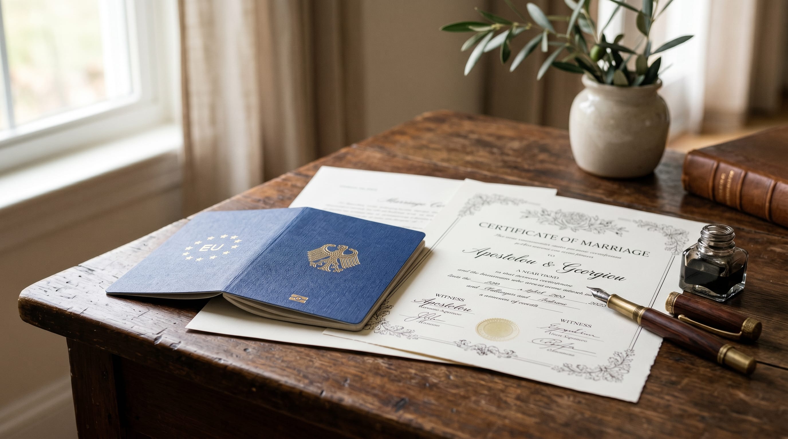 Marriage certificate, EU passport, and Cyprus residence card application documents on a wooden desk for an MCYV / MEU2 application, תעודת נישואין, דרכון אירופי ומסמכי בקשת כרטיס תושב קפריסין על שולחן עץ