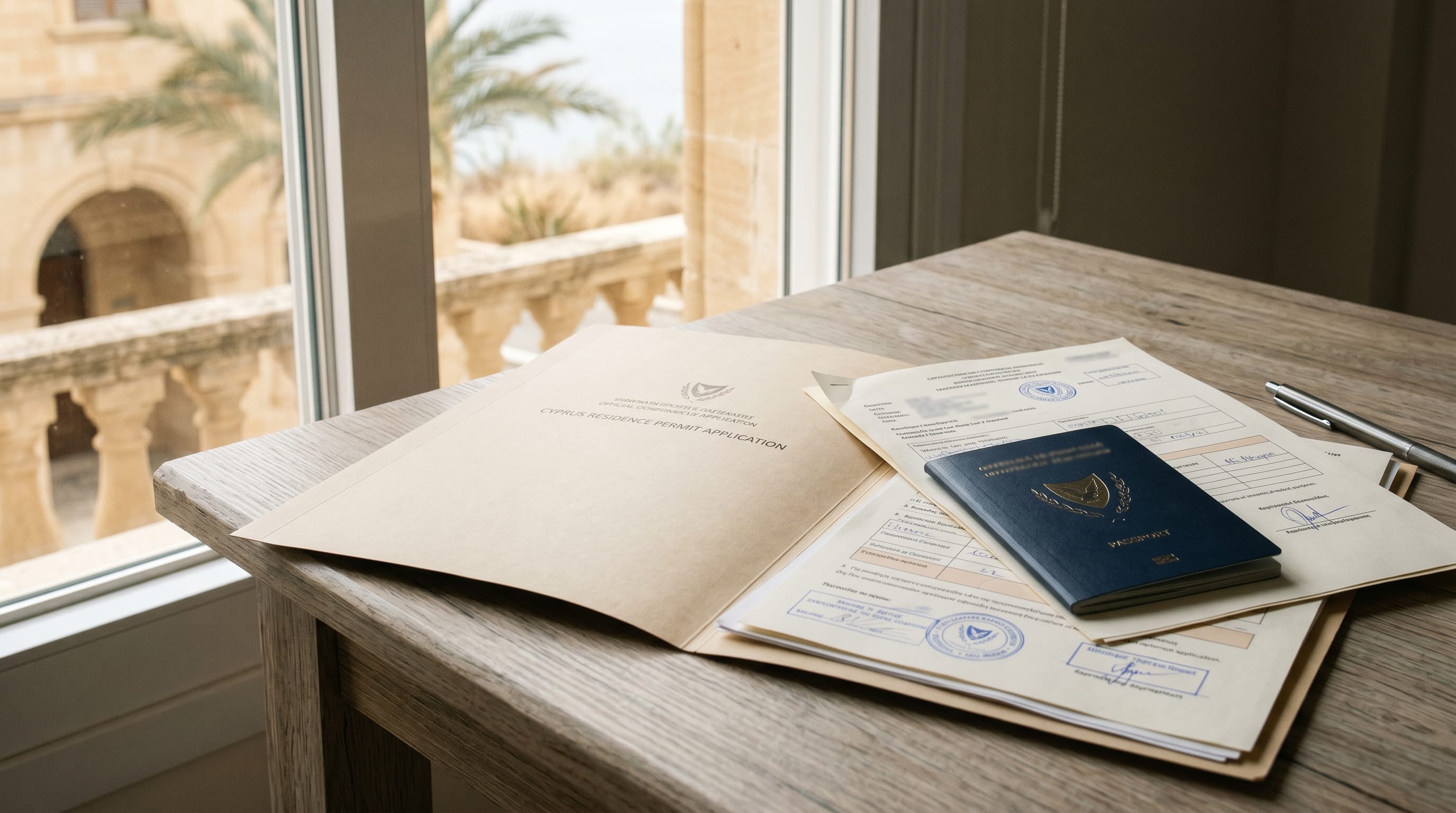 Cyprus residence permit application paperwork on a desk with a Cypriot landscape view through a window