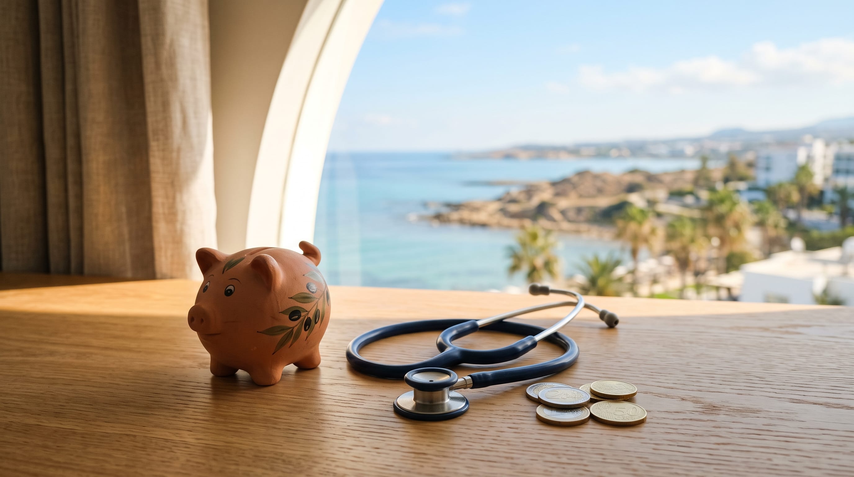 Cheapest private health insurance in Cyprus: a small piggy bank and stethoscope with euro coins on a desk overlooking the Mediterranean coast