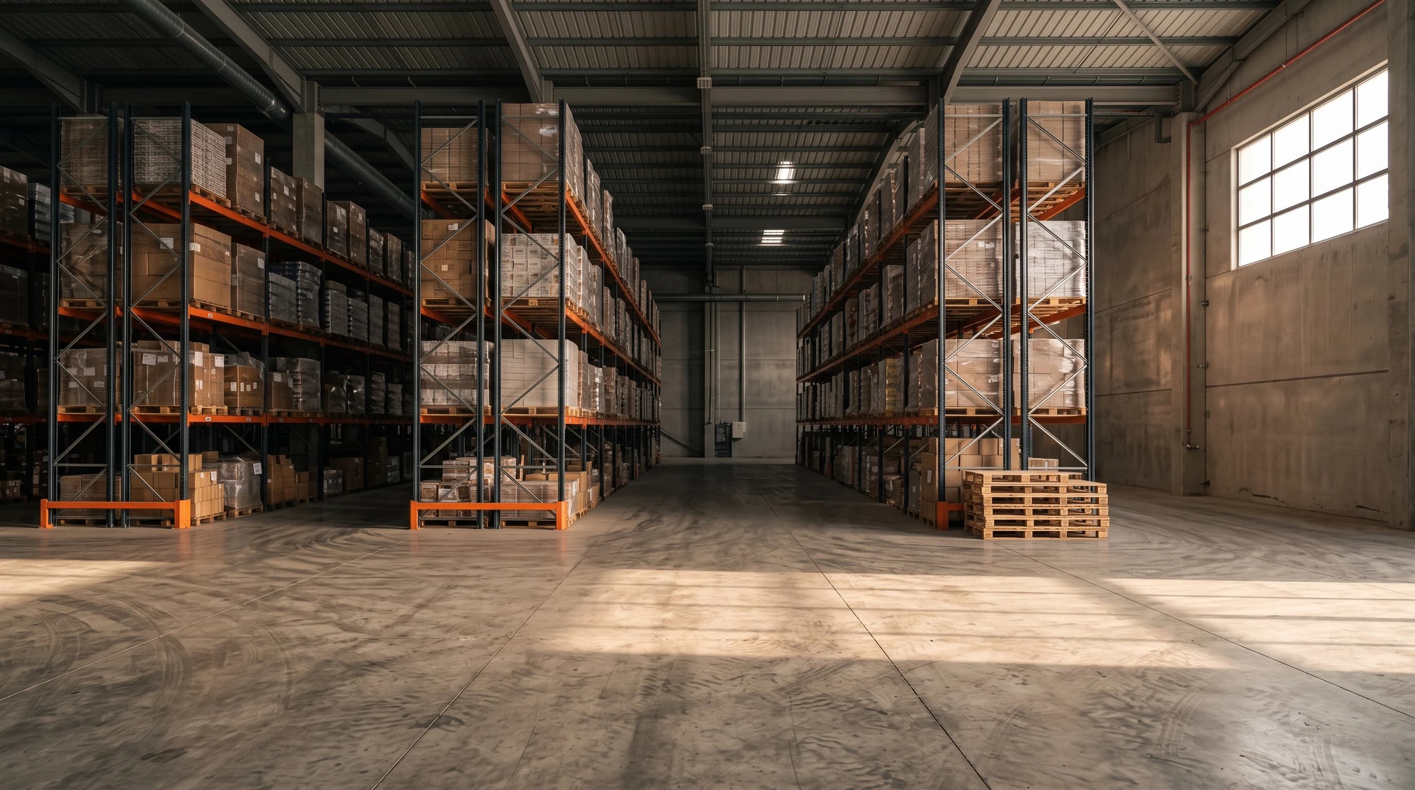 Palletised cargo standing on racking in a quiet Cyprus warehouse, with no vehicles in the frame