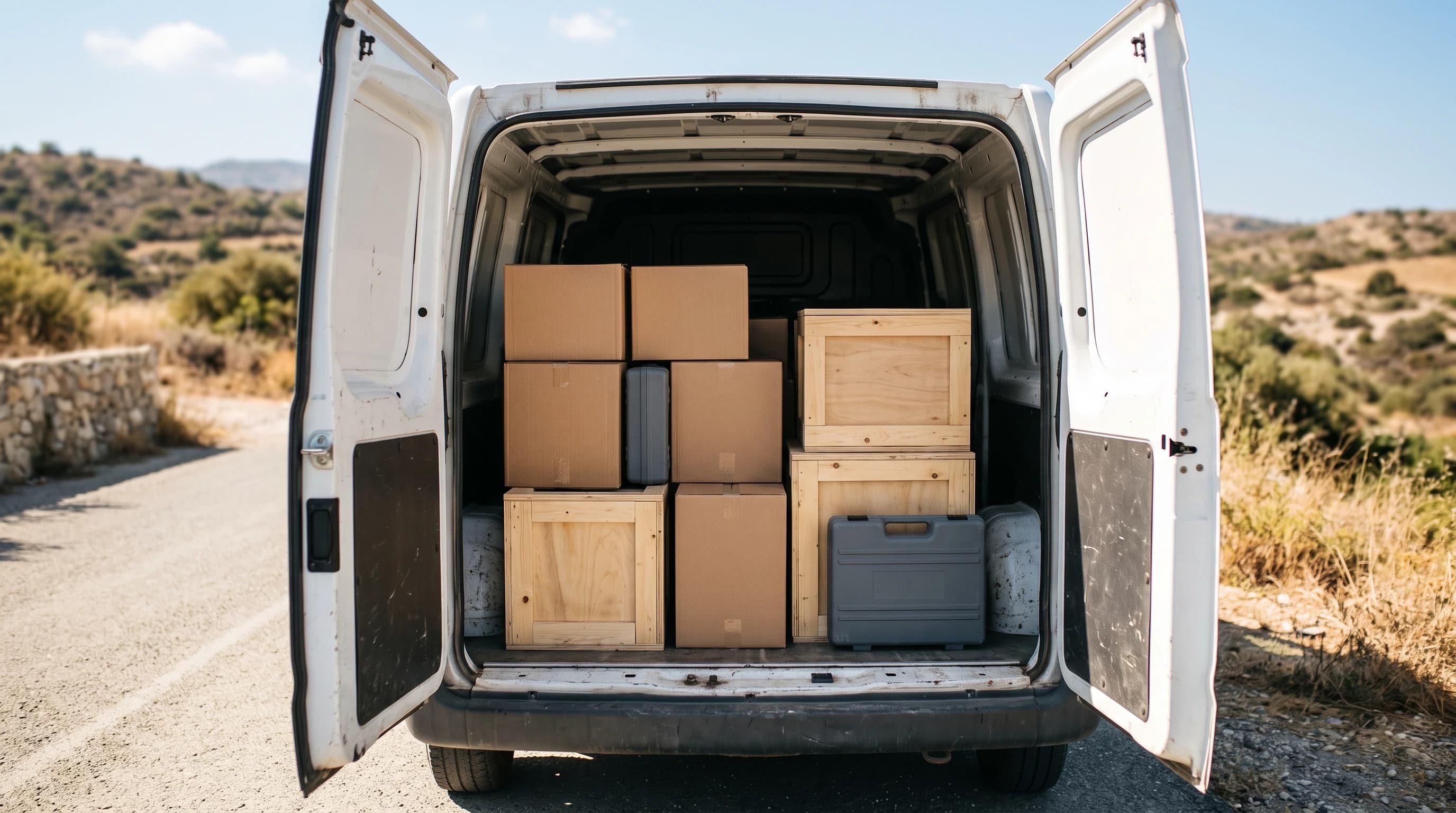 Goods in transit insurance in Cyprus: a van loaded with boxes, crates and tool cases on a Cyprus road