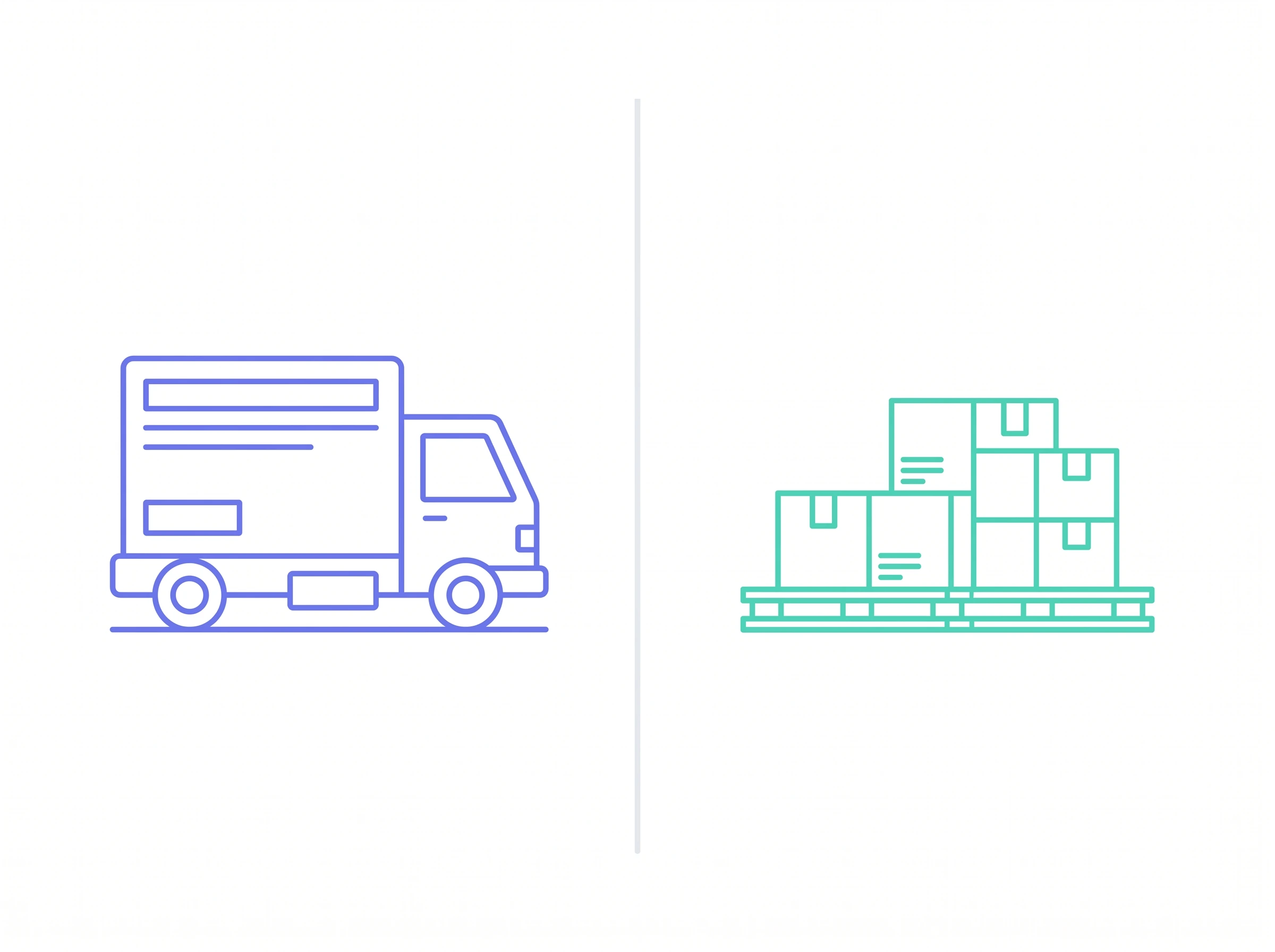 A split diagram: the truck outlined on one side, the pallets and boxes it carries outlined separately on the other