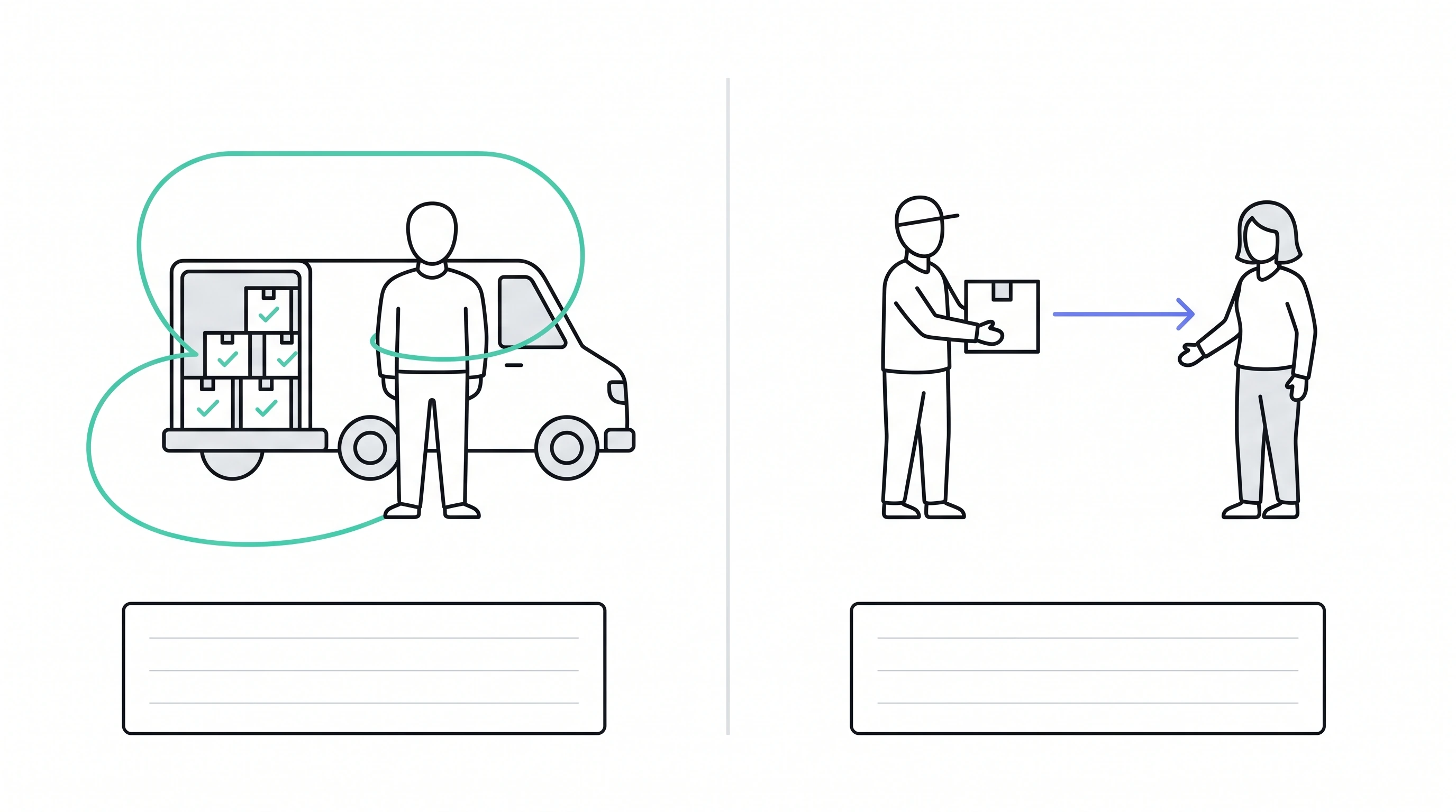 Two panels: an owner beside their own van with the goods looping back to them, and a haulier handing a parcel to a separate customer