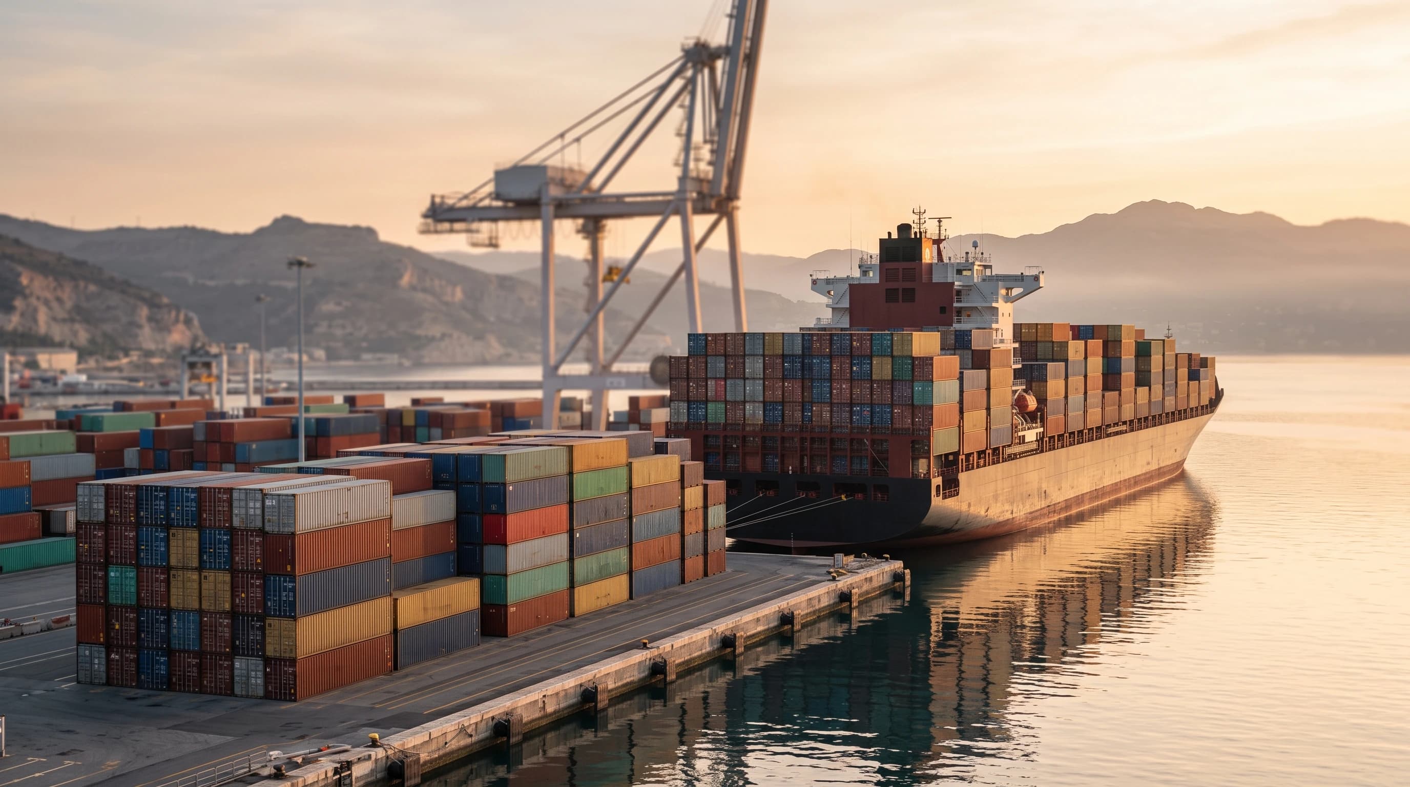 Container ship berthed at a Mediterranean port at first light, insured under a Cyprus marine cargo policy