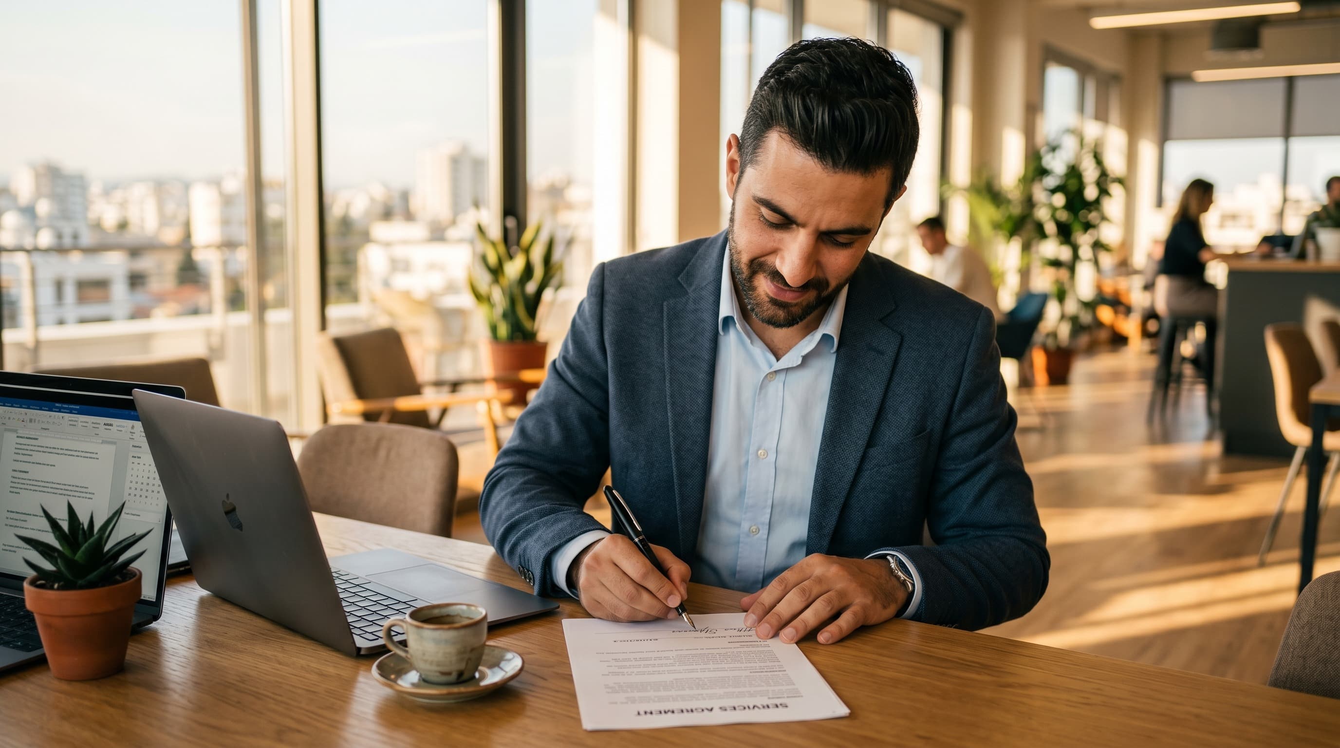 A professional consultant signs a client services agreement at a sunlit desk in Cyprus